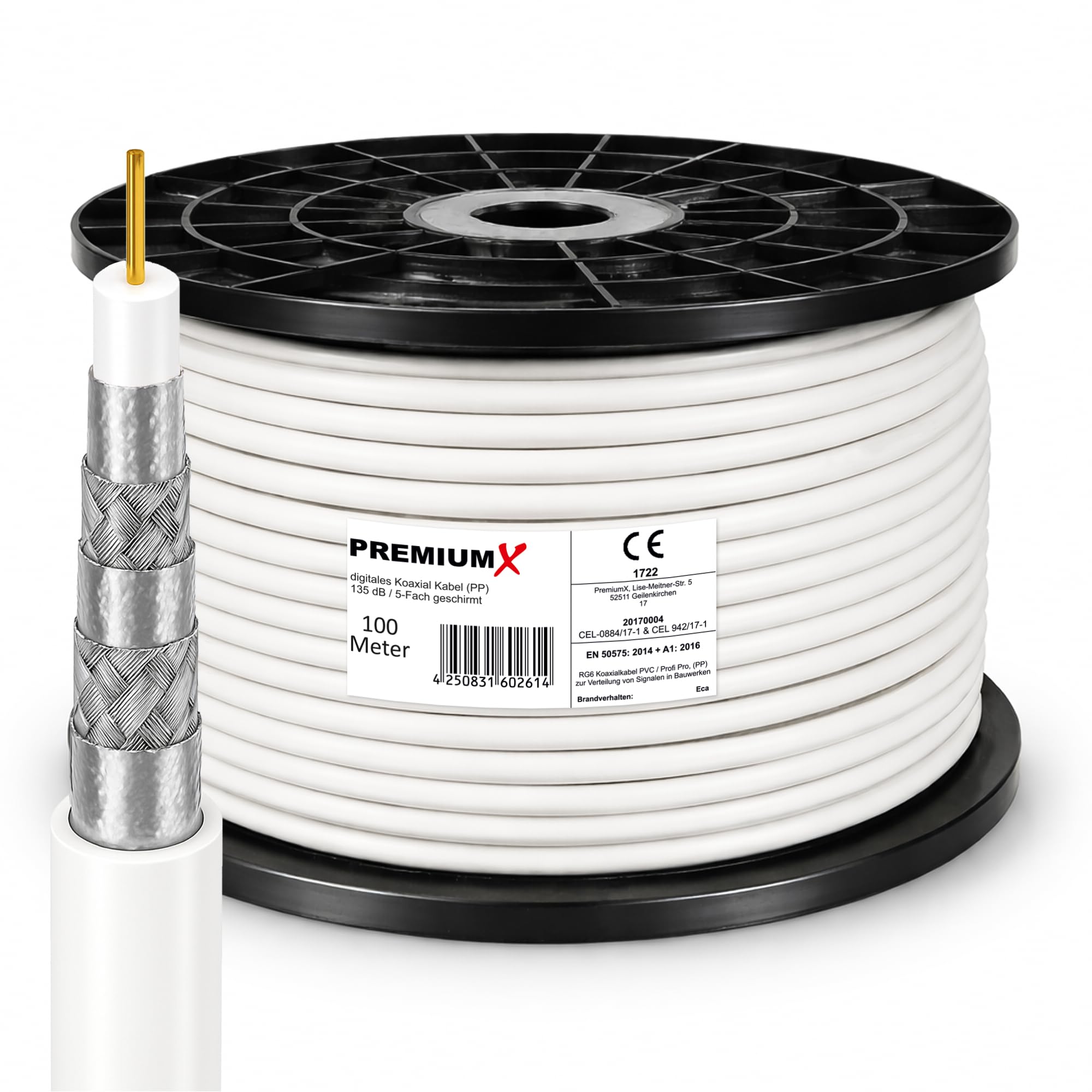 Premium X PROFI PRO PP Koaxialkabel 100m - 5-fach geschirmt, 135 dB, reines Kupfer Sat Kabel, Antennenkabel Class A, für DVB-S/S2, DVB-C, DVB-T, BK Anlagen, Full HD UHD 4K