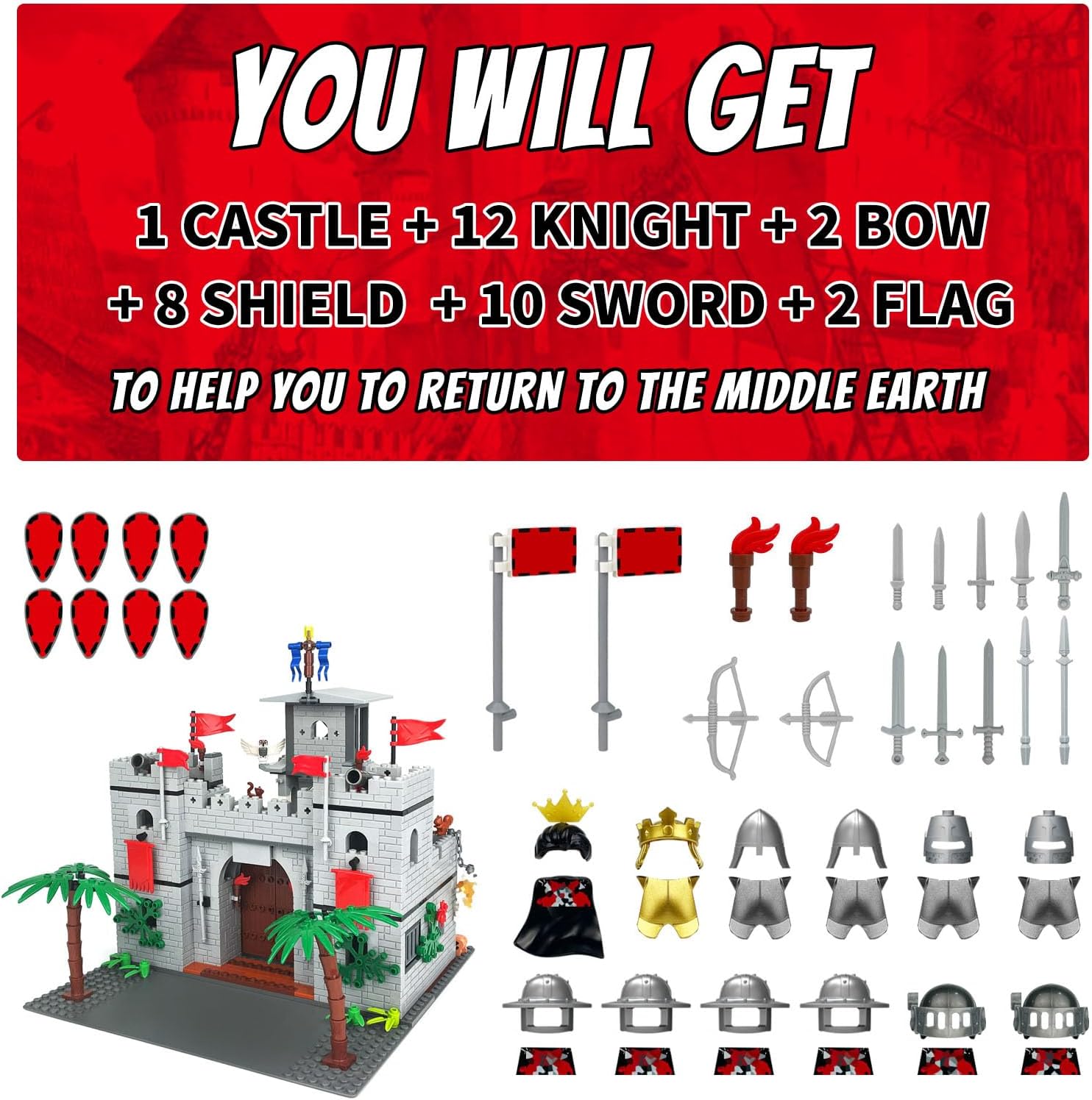 Medieval Knight Castle Building Blocks Set, with 12 Shadow Knight Figures, Knights Kingdom Castle, Easter Gift for Kids, 4+, 718Pcs