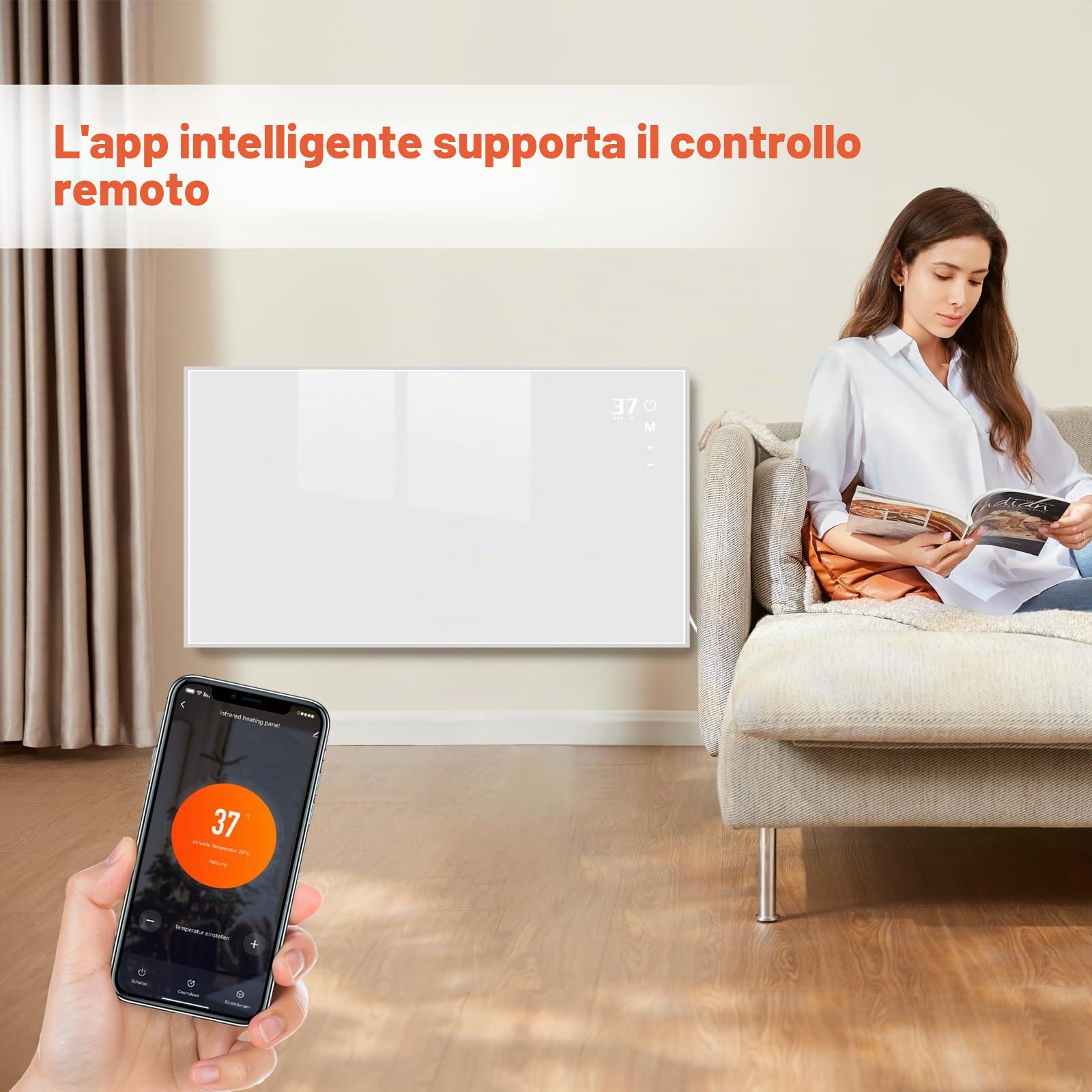 Pannello Riscaldante a Infrarossi da Parete, 450W, Silenzioso | Riscaldamento Elettrico con Telecomando e Controllo App, Timer 9 Ore, Protezione Surriscaldamento per Comfort Ottimale