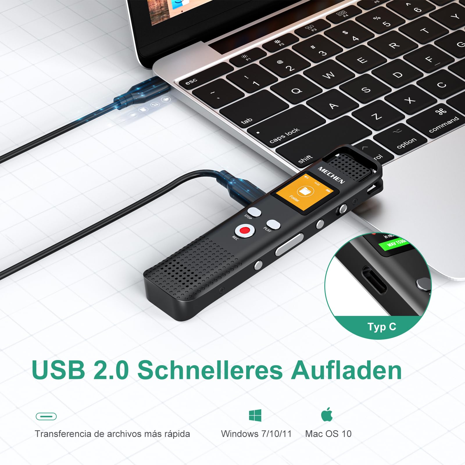 MECHEN V02 Diktiergerät 64GB, 1536Kpbs Digitales Aufnahmegerät mit One-Touch Aufnahme & Rauschunterdrückung für Interviews, Klassen und Meetings, Metallgehäuse, VOR, Line-in