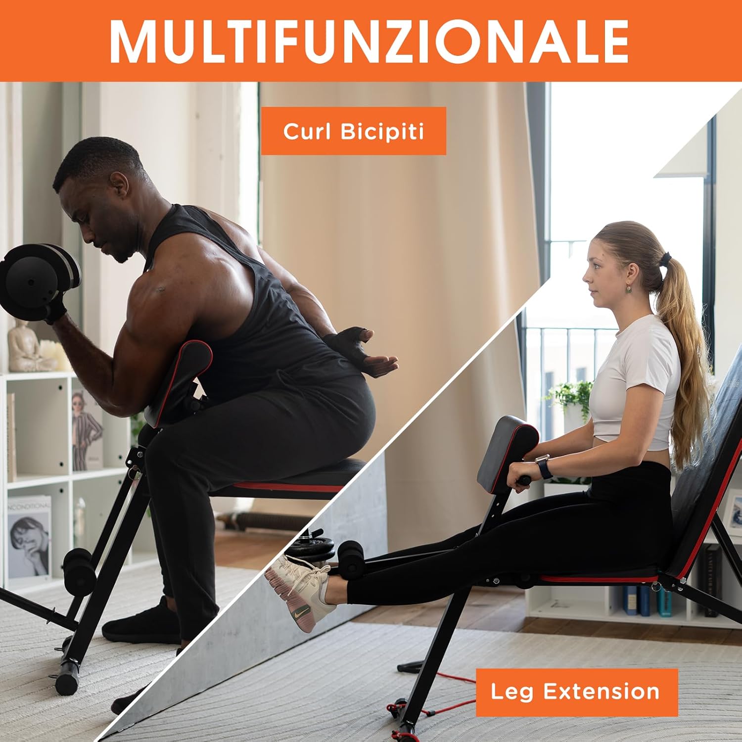 Man performing bicep curls on the curl bench attachment and woman performing leg extensions