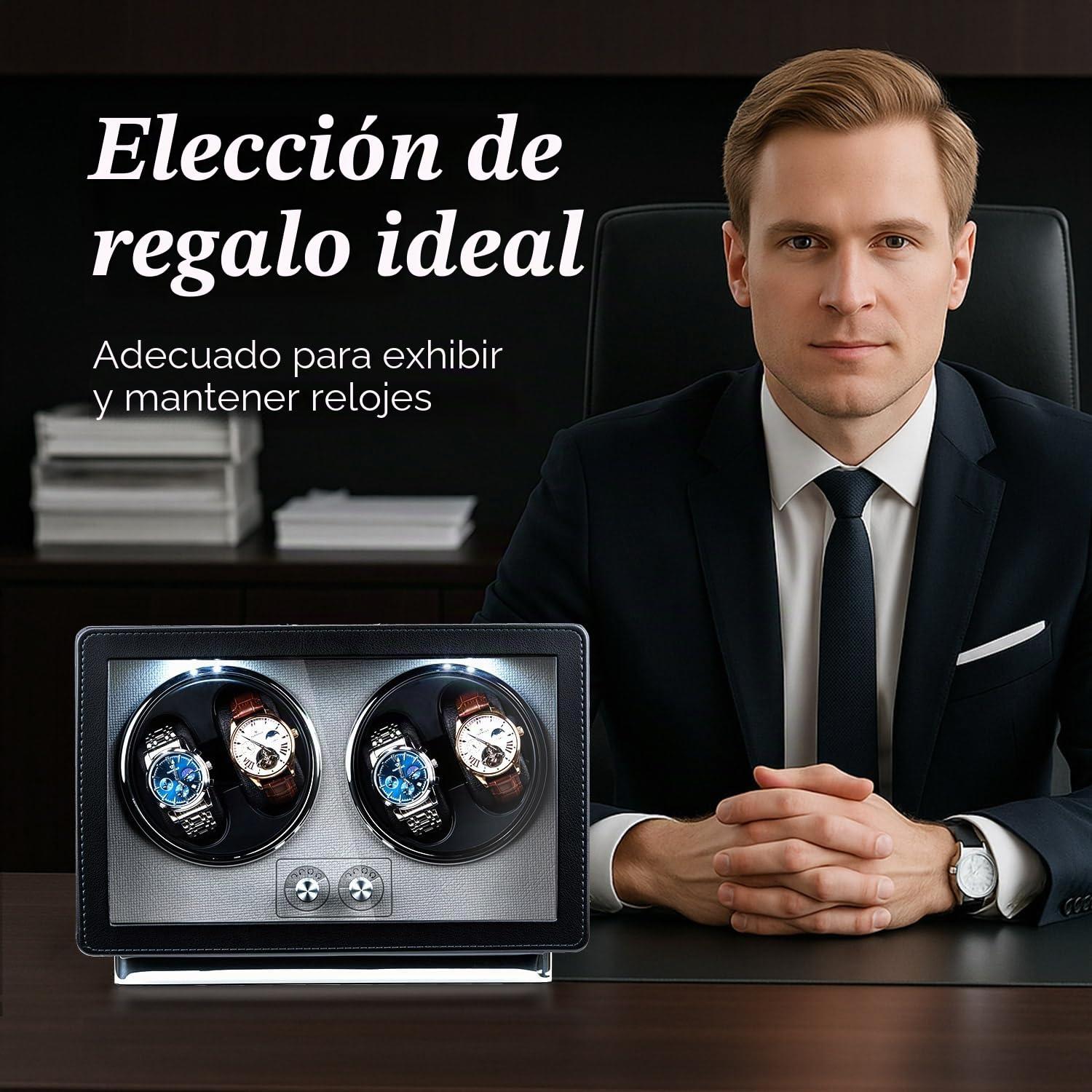 Mcbazel Cajas Giratorias para Relojes 4 Relojes, Reloj Automático Cajas con Luz LED Rectangular de Cuero PU con Motor Silencioso, USB-C Watch Winder con 4 Modos - Negro