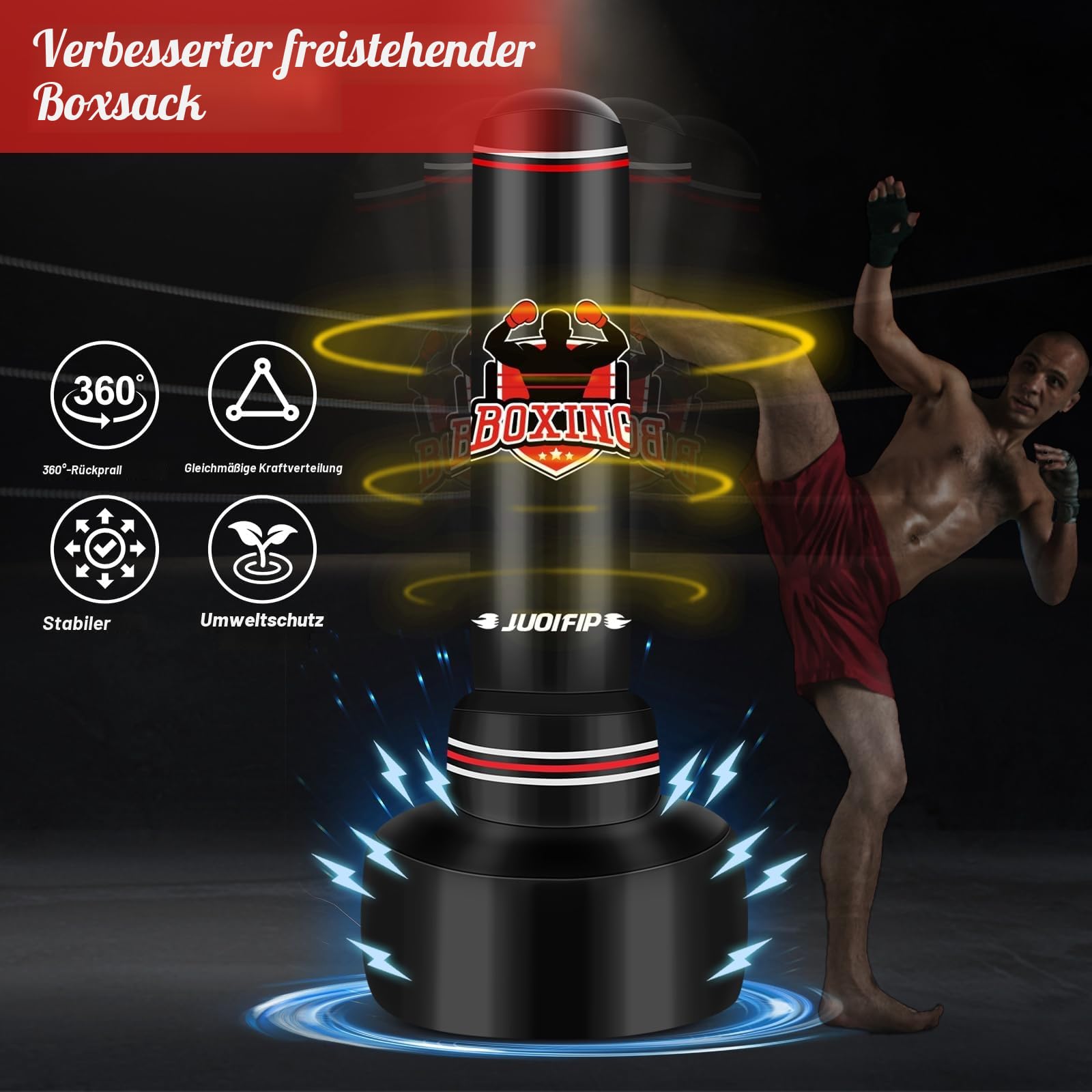 Boxsack Stehend für Erwachsene, 180 cm Schwerer Boxsack- Stehboxsack Aufblasbarer Kickboxsack für Reaktionstraining MMA Muay Thai Fitness Taekwondo
