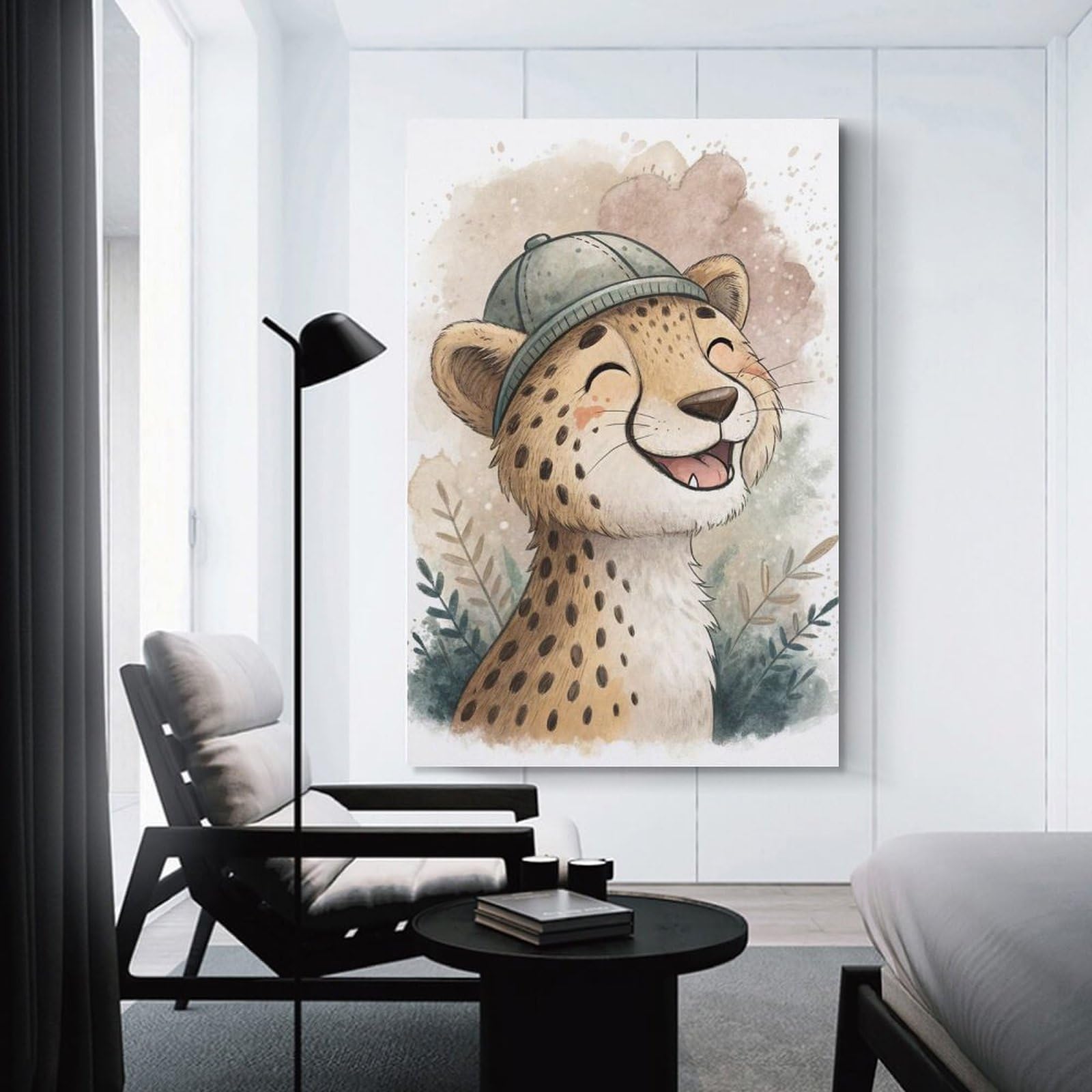 Junmoney Wall Picture Print Cute Cheetah Cub Wearing A Hat, 24x36inch(60x90cm), for Entrance Walls, Hall Decor Or Foyers, A Neat Decor Update for Hallways