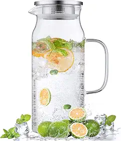Bivvclaz Jarra de vidro de 2 litros com tampa e alça, jarra de vidro para água quente/fria, grande jarra de chá gelado para café, suco e bebidas caseiras