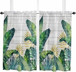 Tropical Leaves Small Window Curtains 45 Inch Length, Monsteral Palm Leaves Summer Plants Wooden Gray Rod Pocket Window Treatment Kitchen Drapes for Bedroom Cafe Living Room, 2 Panels, 27.5 W x 45 L
