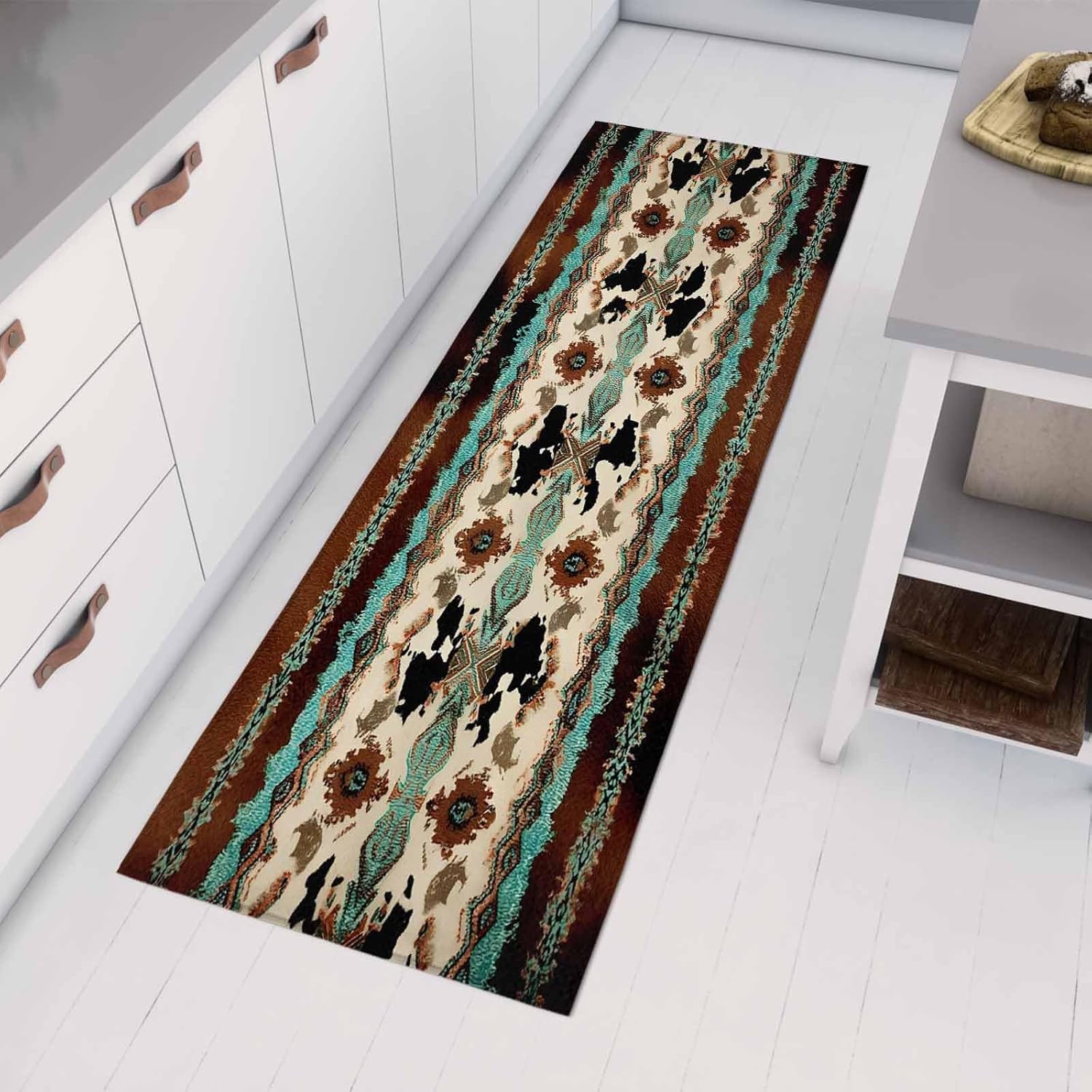 Teamery Kitchen Mats for Floor Abstract Boho Vintage Ethnic Washable Non Slip Kitchen Rugs 1PCS, Retro Country Geometric Absorbent Standing Mats for Sink Bathroom Office Living Room 15.7x47.2in