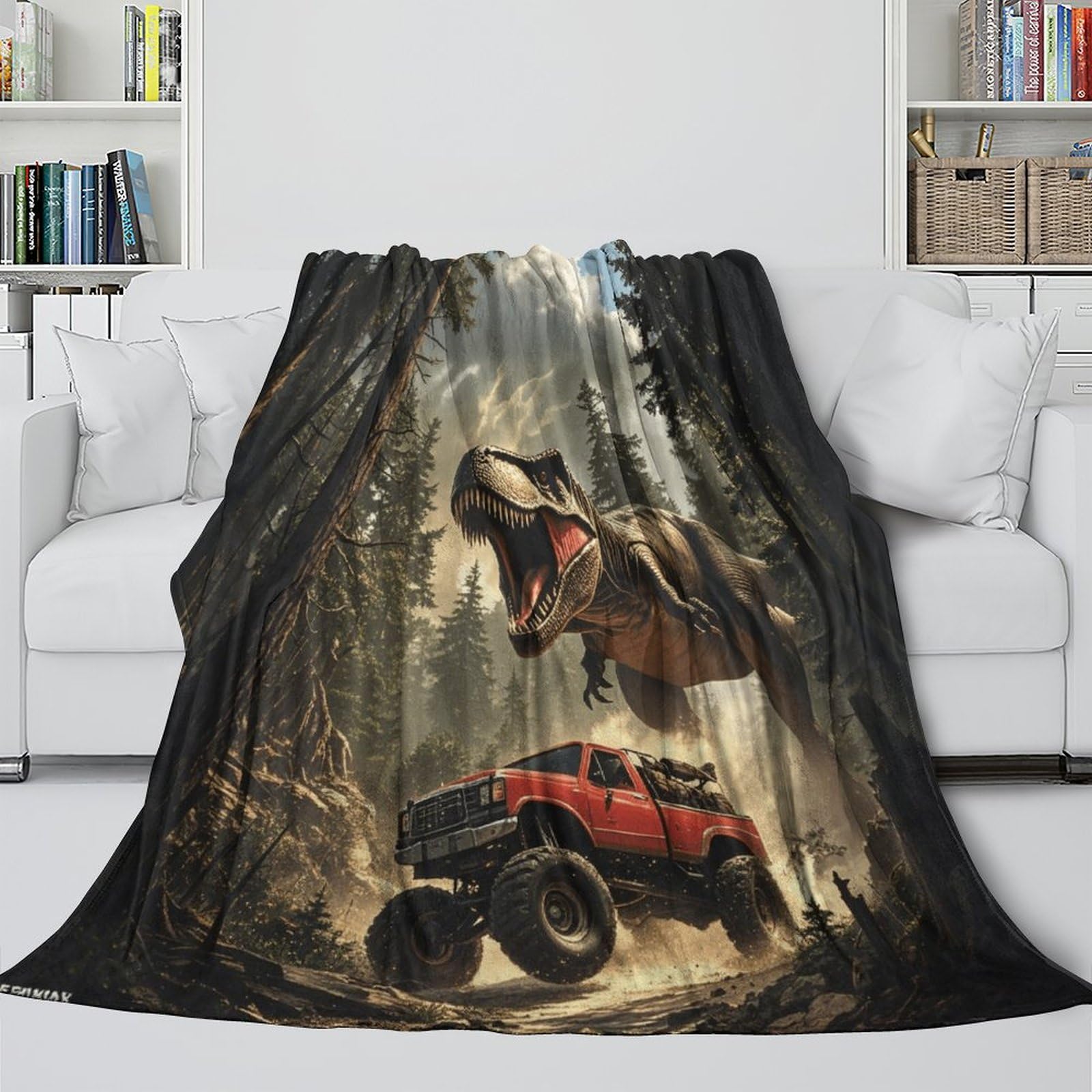 Dinozaur miękki i ciepły koc flanelowy, koc polarowy w kratę do łóżka, sofy, 80 x 90 cali (200 x 230 cm) T-Rex Monster Truck Pluszowy koc z polaru Sherpa - efekt uspokajający głęboki nacisk