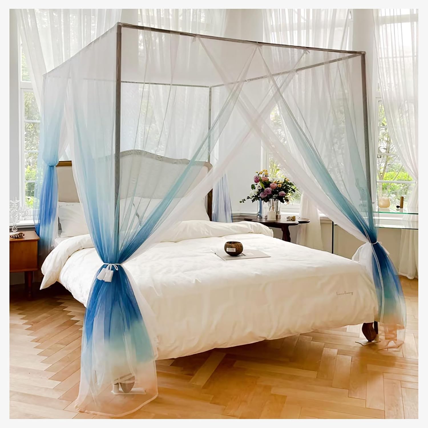Fabric Bed Drapes Mesh Protection Canopy Shielding Netting, King Size Queen Twin Size Mosquito Net Canopy，4 Corners Post Canopy Bed Curtains Cozy Drape Mosquito Net Bed Frame Curtain Bracket