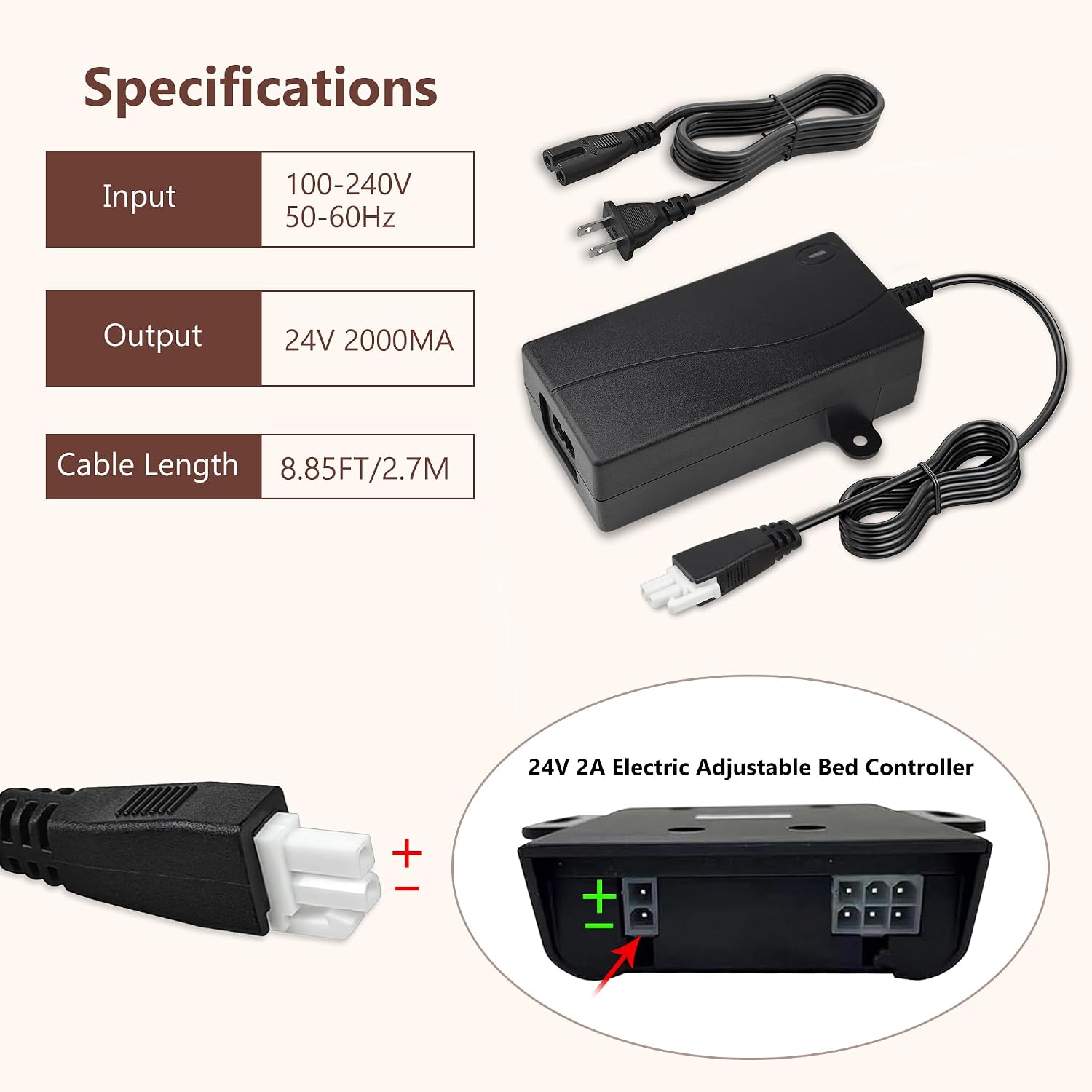 24V Power Adapter for Adjustable Bed, Standing Desk Power Cord, Bed Replacement Parts Compatible with Leggett, Platt, Beautyrest, SMPS002 Homeline Deskline ASW0551-24020002A Electric Bed Frame Charger