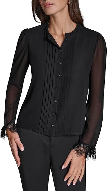 BCBG Womens Long Sleeve Pleat Front Lace Trim Woven Blouse