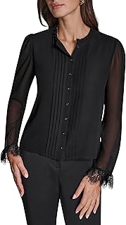 Womens Long Sleeve Pleat Front Lace Trim Woven Blouse