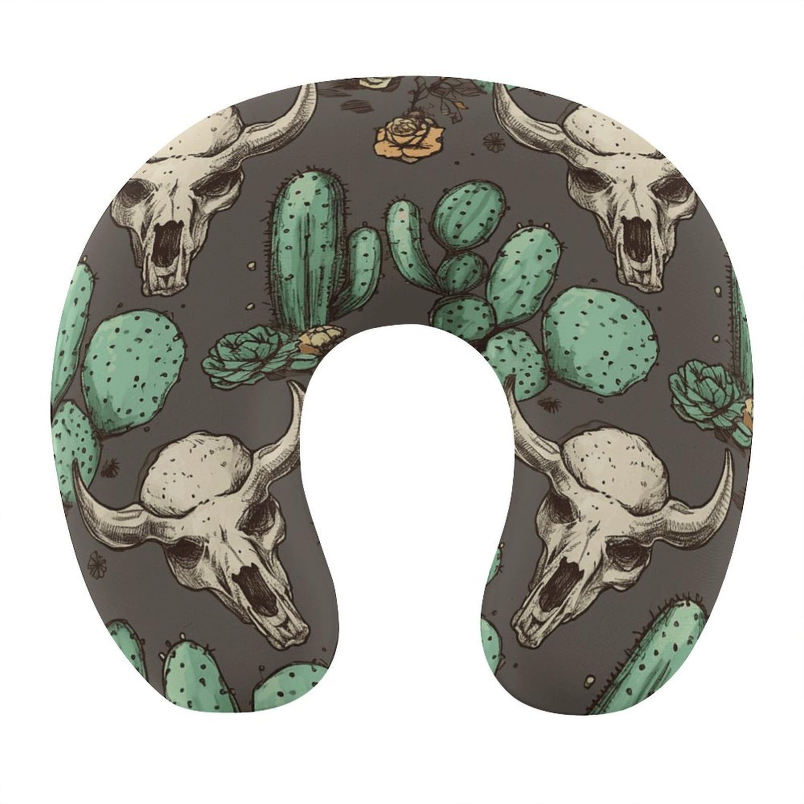 Adfgyerh Style Skull Of Bull And Cute Cactus U-Shaped Pillow，Memory Foam Pillow Core，Cushion ，Provide Neck Support ，Travel Pillow，Suitable For Airplanes, Cars, Homes, And Offices.