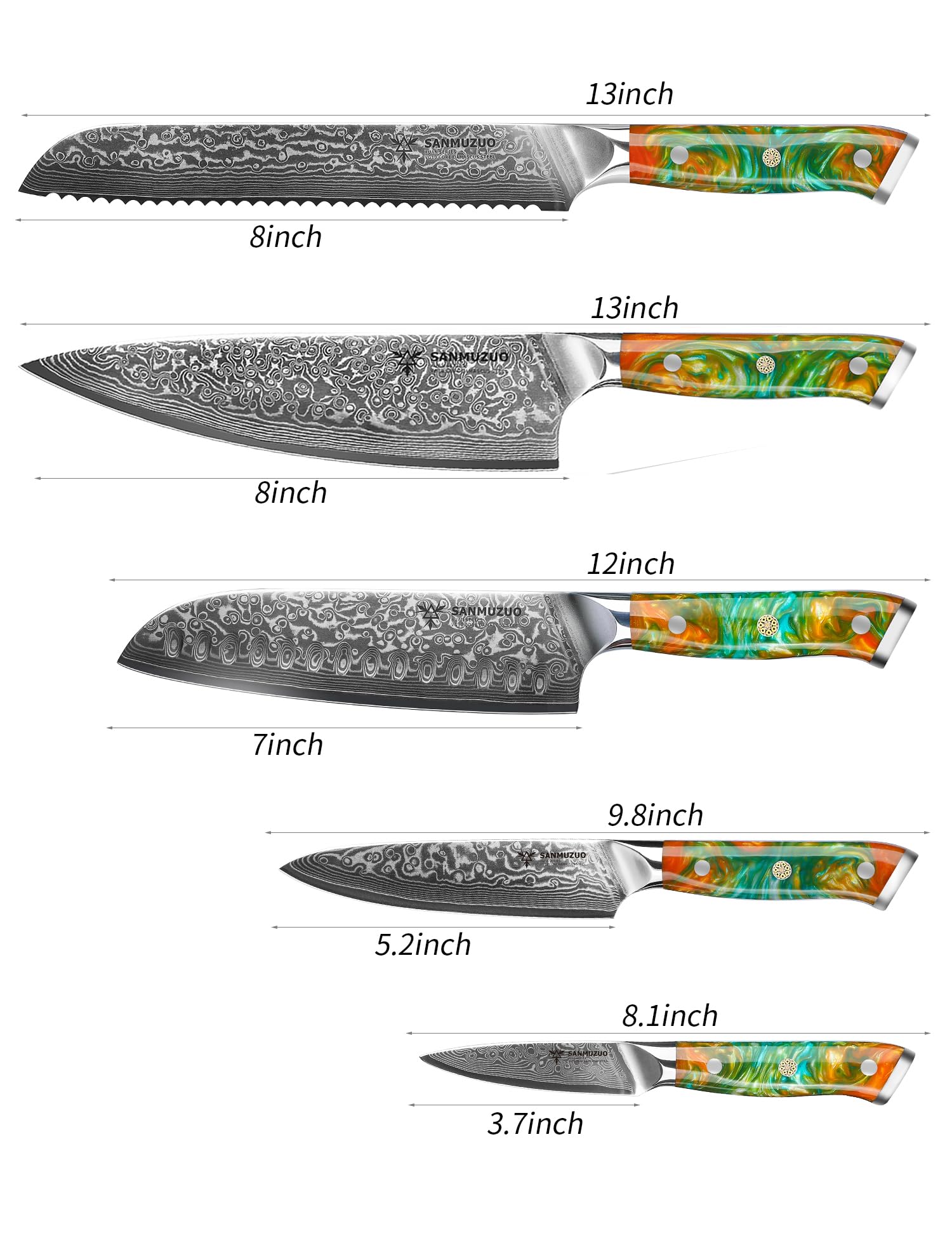 Ensemble de couteaux de chef - Set de couteaux de cuisine de 5 pièces - Acier de Damas VG10 ultra-tranchant et manche en résine - Série Xuan(Orange Fantastique)
