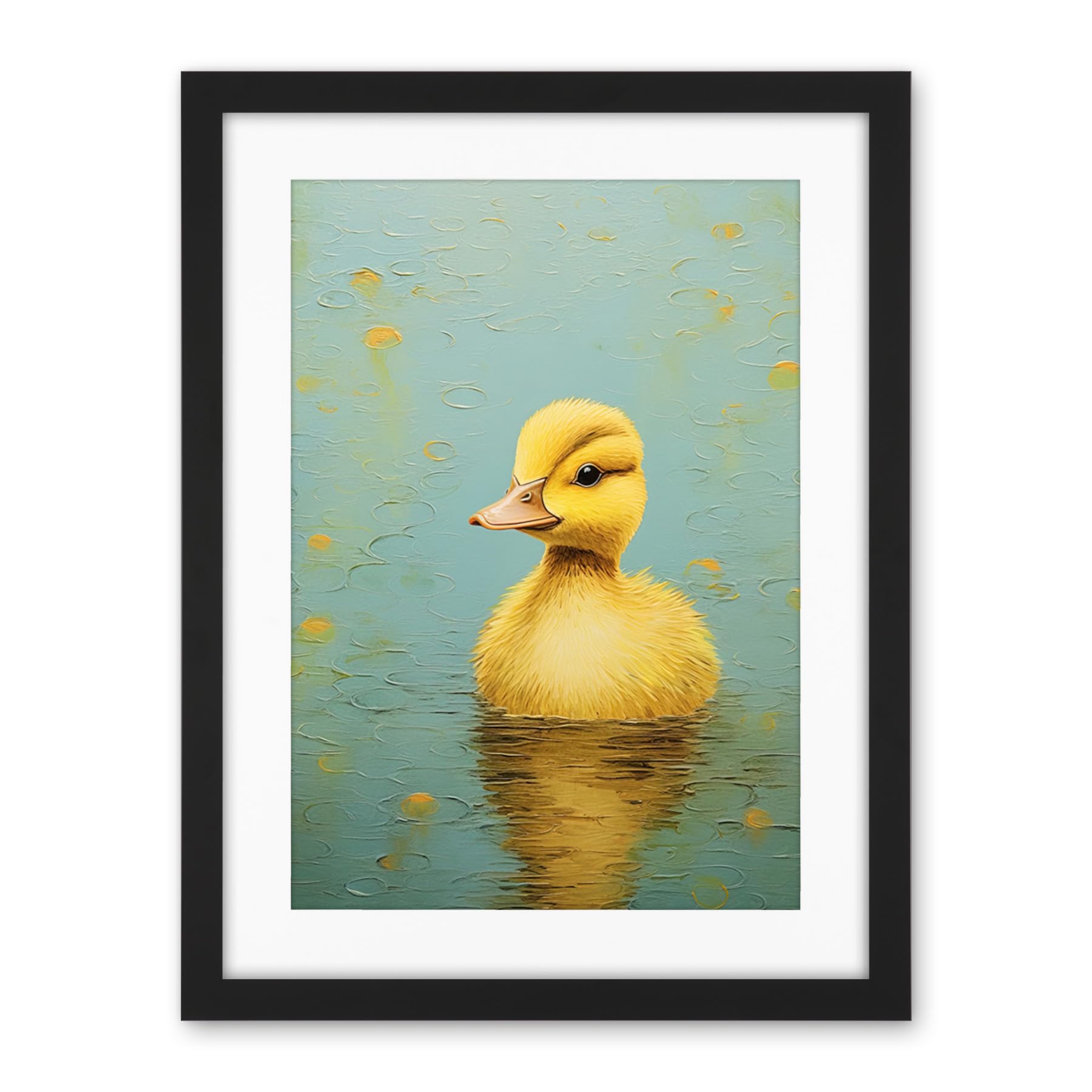 Artery8 Duckling on the Water Oil Painting Yellow and Duck Egg Blue Baby Artwork Framed Wall Art Print 18X24 Inch