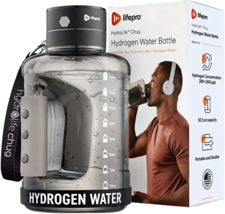 LifePro Gerador de garrafa de água de hidrogênio HydroLife Chug – Garrafa de água de hidrogênio de grande capacidade de 1,5 L com tecnologia SPE/PEM, tampa recarregável USB-C, corpo de policarbonato