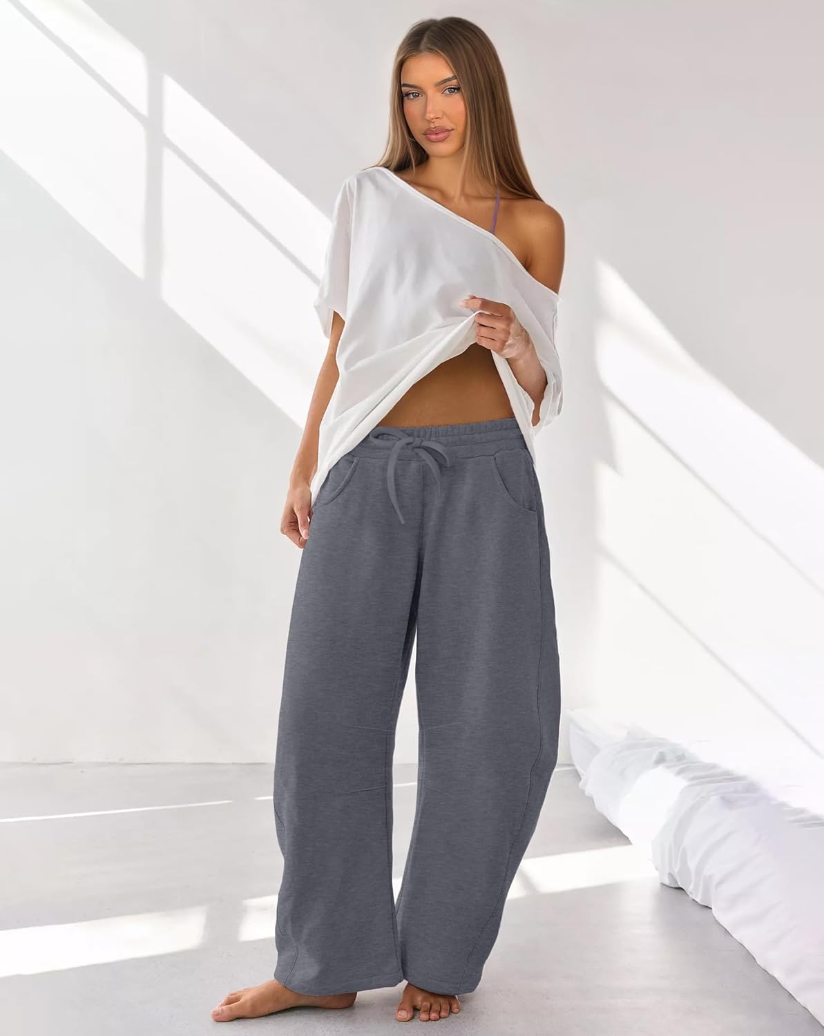 IWD Womens Sweatpants 2026 Baggy Wide Leg Pants Casual Elastic Waisted Drawstring Barrel Sweat Pants with Pockets - Image 3