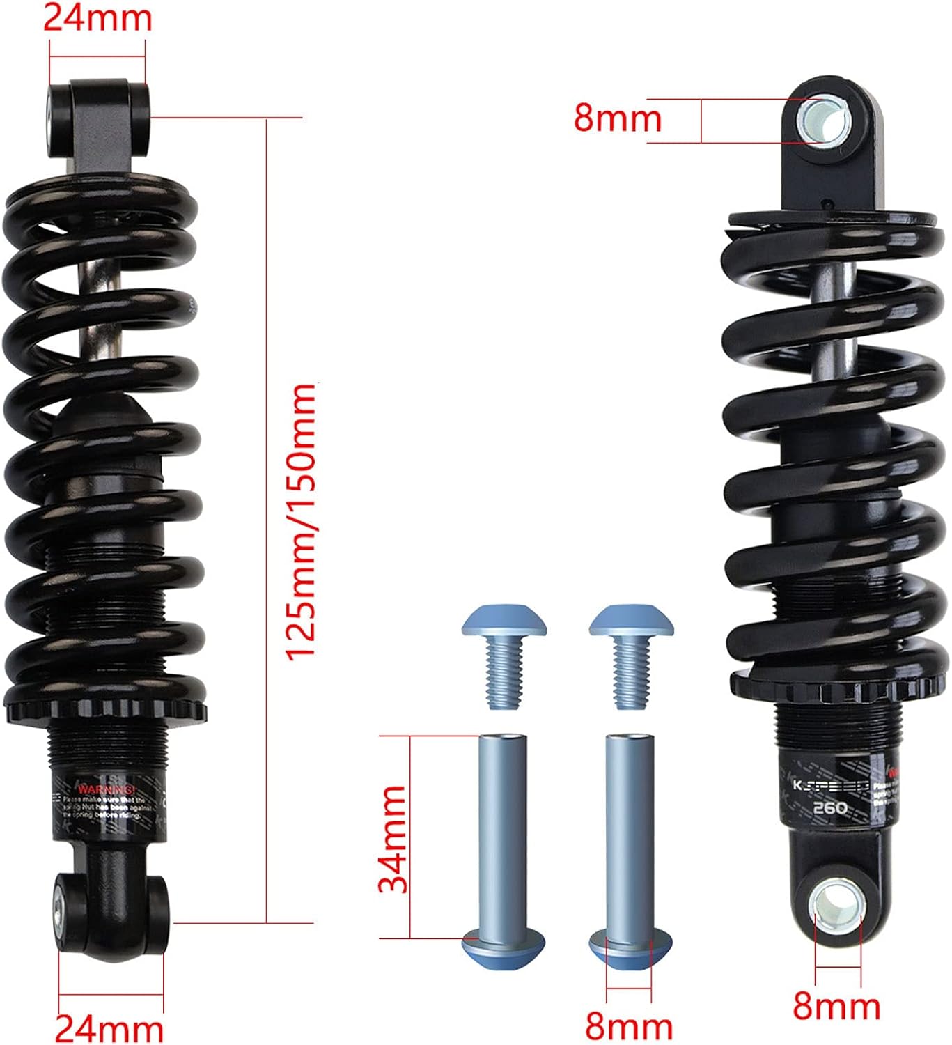 AuroraXQ Mountain Bike Rear Shock Rebound,preloaded Anodized Rear Shock Absorber 125mm(4.9")/150mm(5.9")/165mm(6.5")/190mm(7.5")(165mm,200lbs)