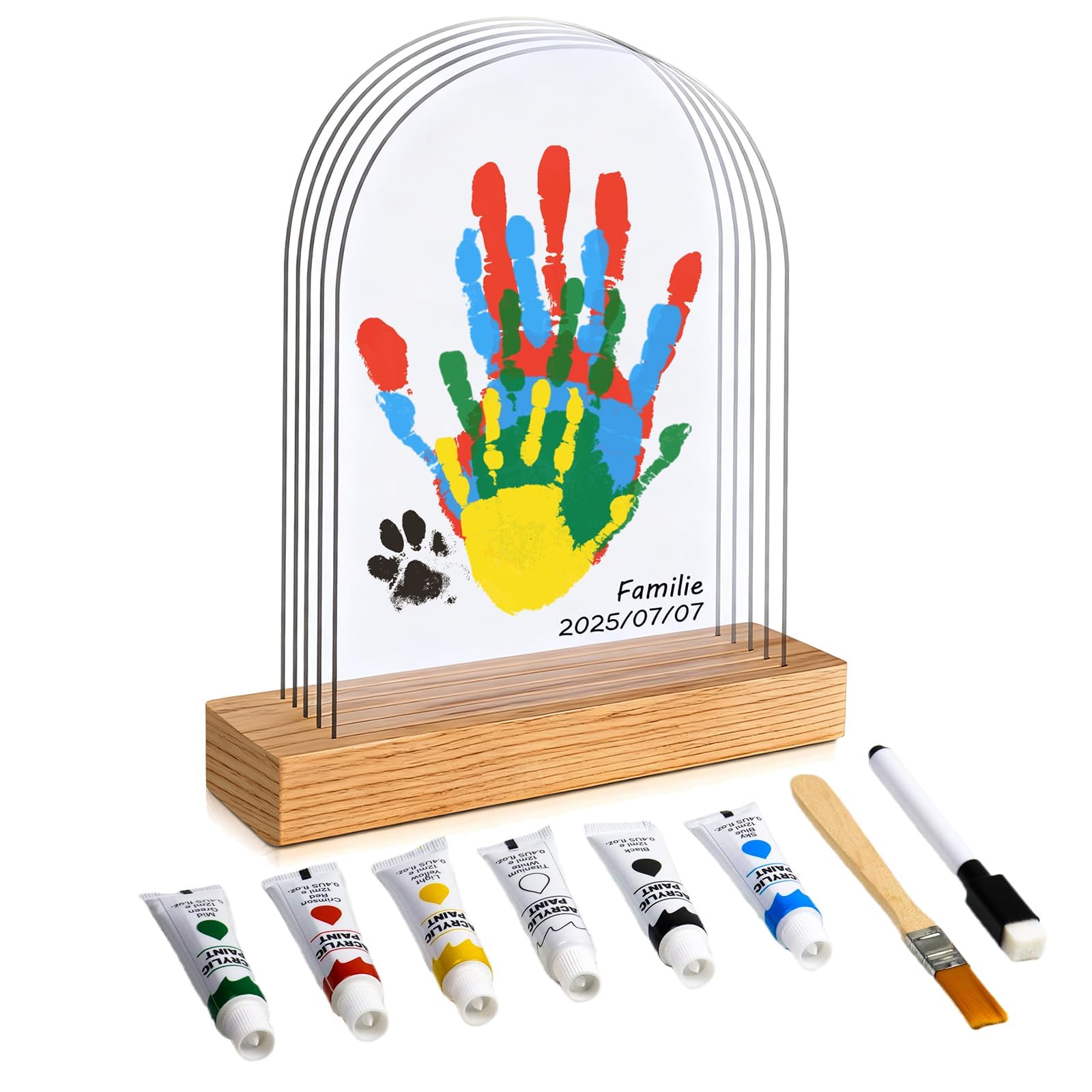 SSJkeji Family Handprint Kit Clear DIY Craft Keepsake DIY Hand & Footprint Kit with Wooden Frame, 5 Panels & 6 Paints Perfect as New Baby Gifts, New Mum Gift and Family Gifts Original Patent
