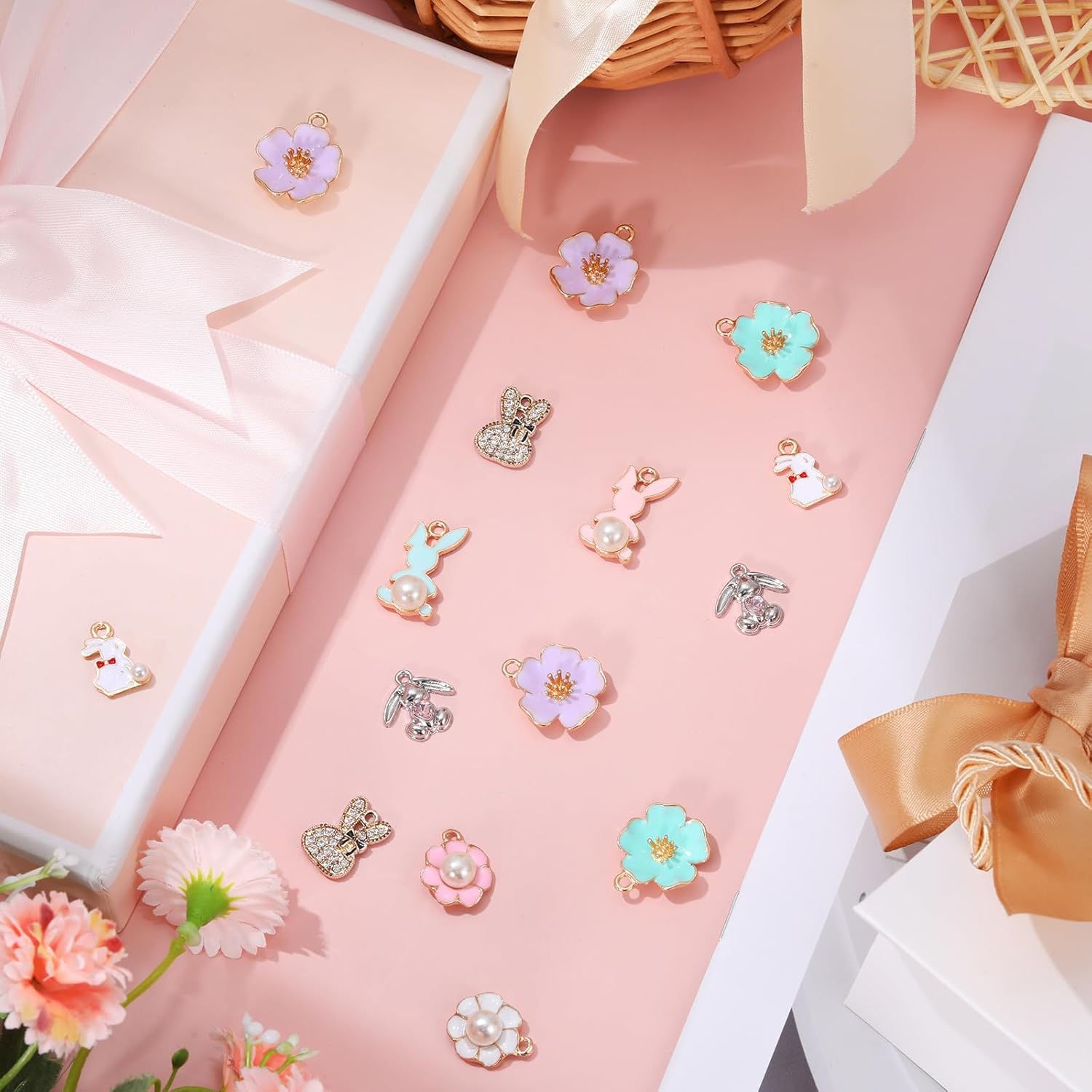 Landical 50 Pcs Easter Cute Charms for Jewelry Making Pendant Assorted Alloy Cubic Flower Charms Rhinestone Easter DIY Supply Necklace Bracelet Jewelry Craft(Gold, Cute) - Image 4