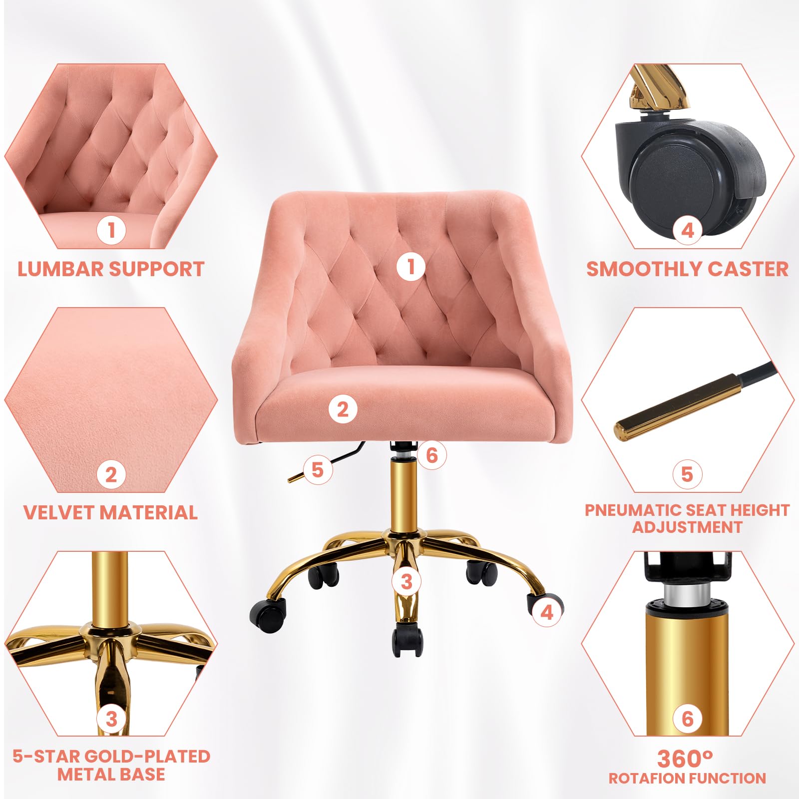 Homeoffice Bürostuhl aus Samt, ergonomischer Schreibtischstuhl höhenverstellbar, Drehstuhl mit Rollen & goldenen Beinen, moderner Schminktischstuhl für Arbeitszimmer (Rosa)