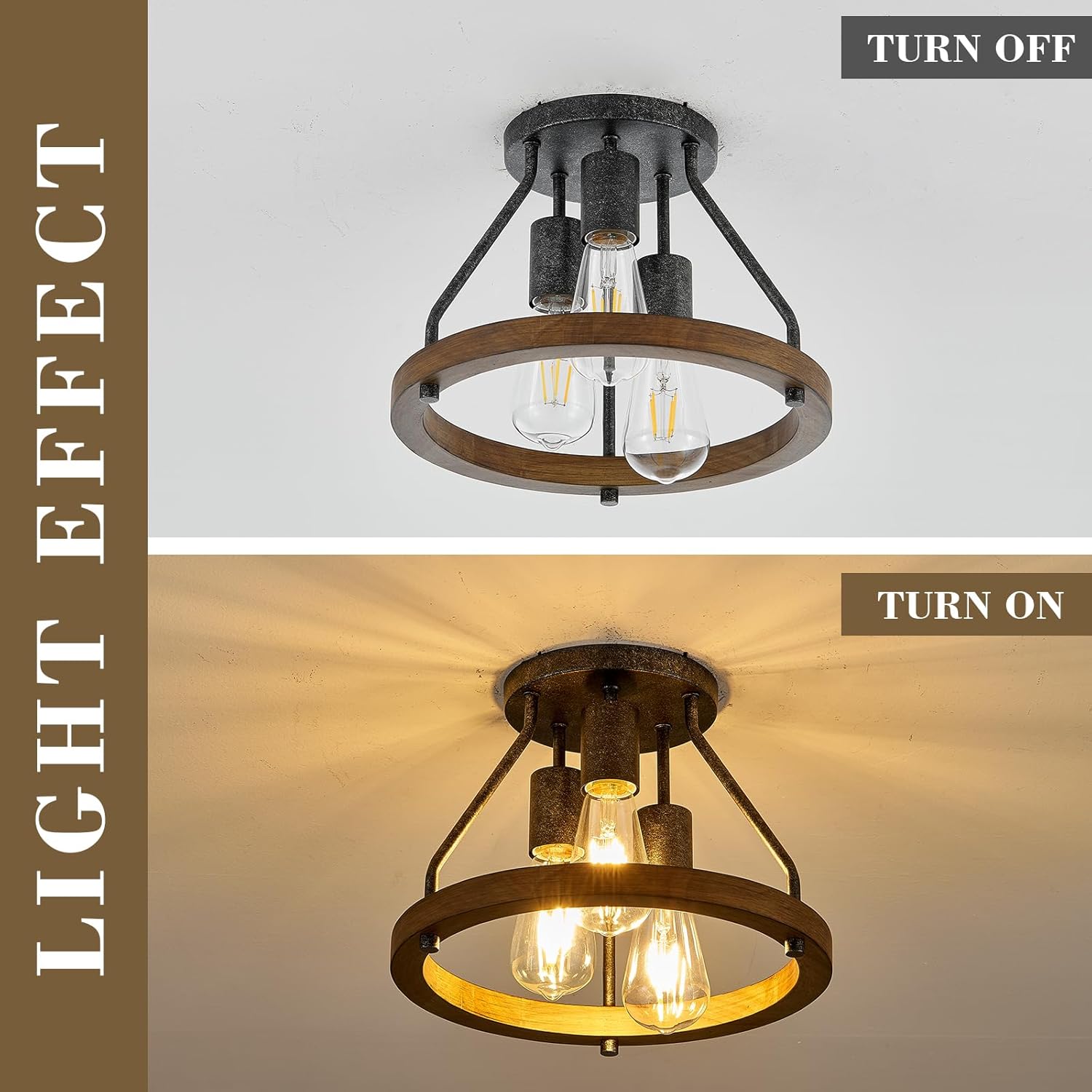 Retro Industrial Flush Mount Ceiling Light Fixture with Wood Circle Shade 3-Light Rustic Black Ceiling Light for Hallyway Entryway Bedroom Kitchen Sink