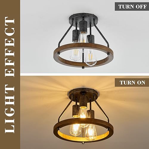 Miniatura 8 de Lámpara de techo industrial retro de montaje empotrado con pantalla circular de madera, 3 luces, luz de techo negra rústica para pasillo, entrada,