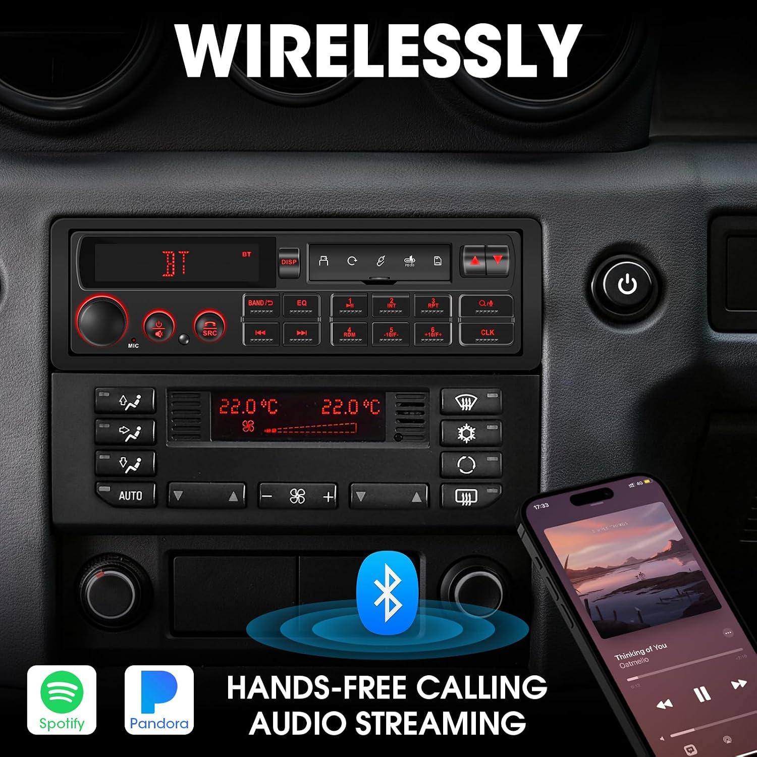 Retro Single Din Car Stereo: European Vintage Radio for Classic Vehicles - Orange Display Bluetooth 4-CHN 2 Subwoofer Outputs AM FM USB SD AUX Type-C Charge