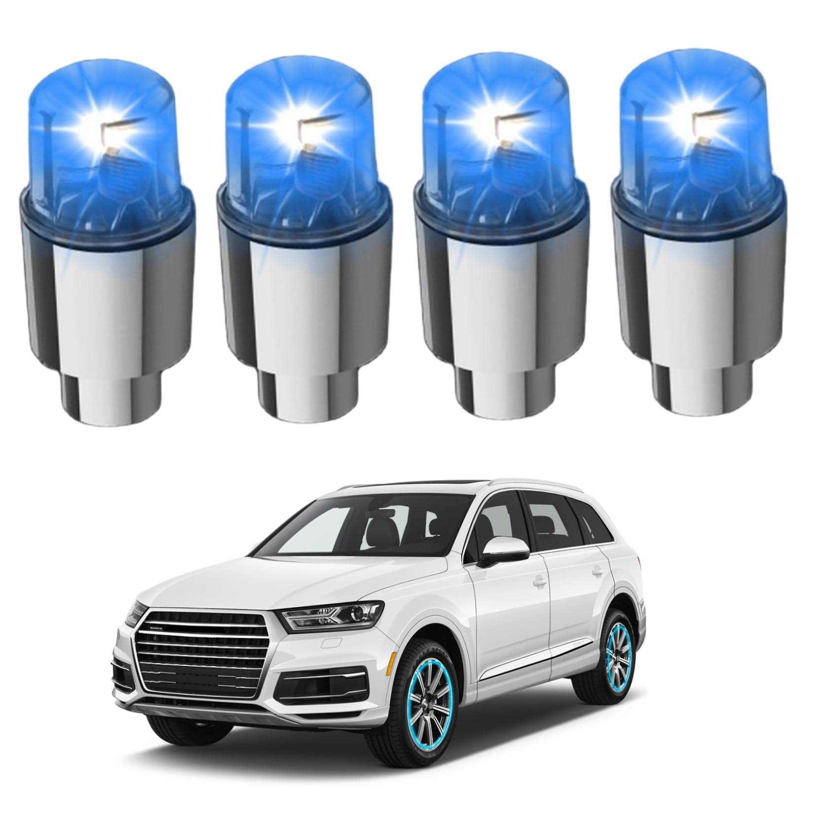 Luci per pneumatici, 4 pezzi Luci per ruote LED decorativi impermeabili Lega LED Tappo stelo valvola per pneumatici per auto Camion Accessori, Blu, Luce per auto