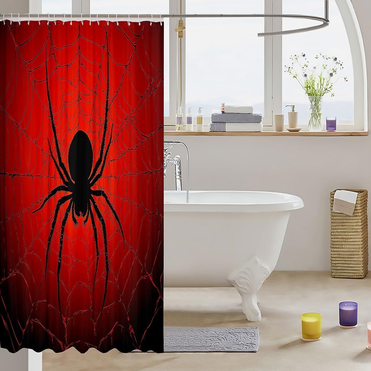 Erosebridal Horror Halloween Bathroom Accessories Gothic Spider Shower Curtain Black Red Spiderweb Bathroom Curtain for Adults 72" Wx72 L Halloween Holiday Shower Decor