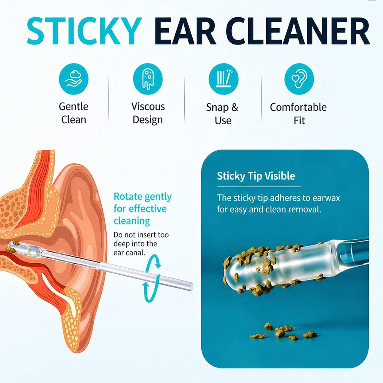 Sticky Ear Cleaning Stick, Reusable Ear Wax Removal Tools with Soft Silicone Head, Gentle Adhesive Ear Pick Kit for Family Personal Care Hygiene, Travel Friendly (4 Boxes/96 Pcs)