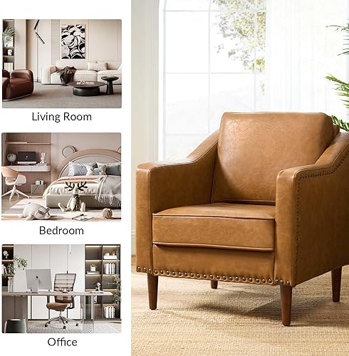Miniatura 6 de HULALA HOME Sillón decorativo de piel sintética con cojines de respaldo y asiento, silla de club tradicional con ribete de cabeza de clavo, cómoda