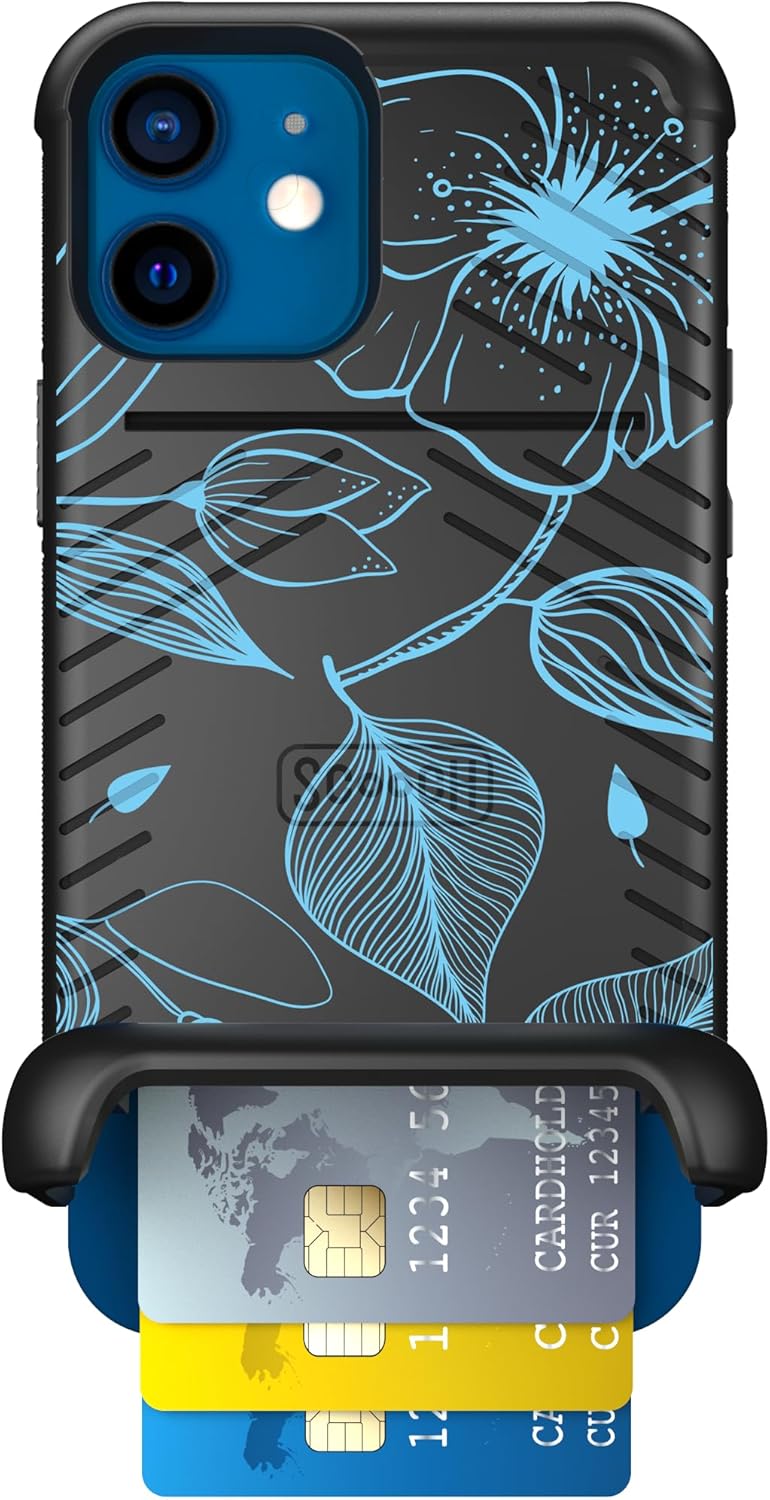 Scooch Wingmate Wallet Case for iPhone 12/12 Pro, Blue Hibiscus