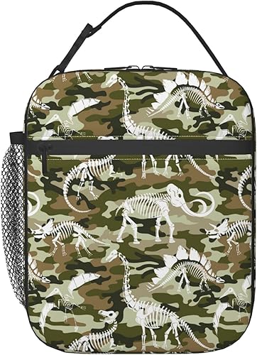 Bolsa de almuerzo aislada con diseño de dinosaurios, esqueletos y fósiles de camuflaje, lonchera reutilizable, bolsa de almuerzo portátil para