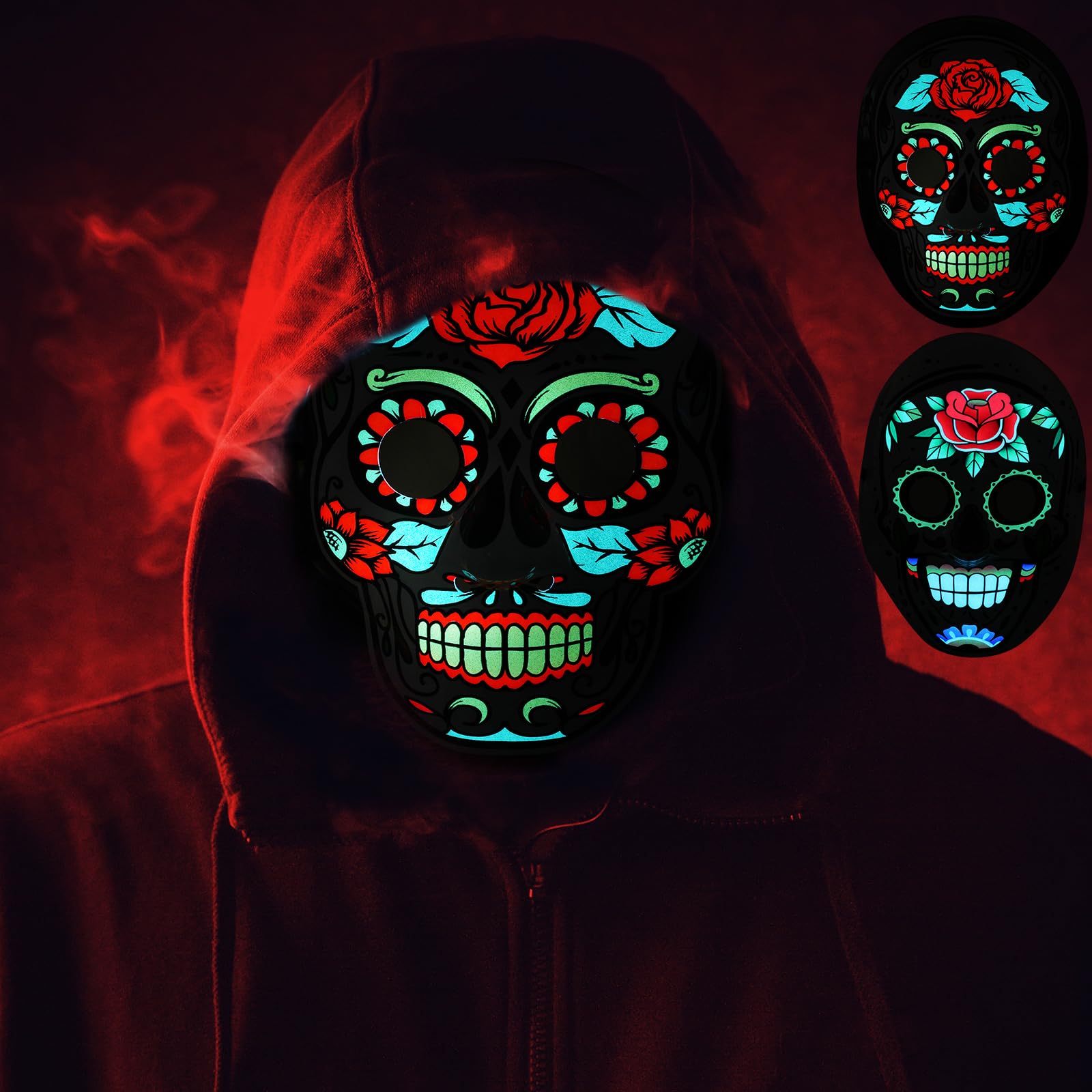 Sosation 2 Pcs Day of the Dead LED Mask for Adults Dia De Muertos Light up Face Masks