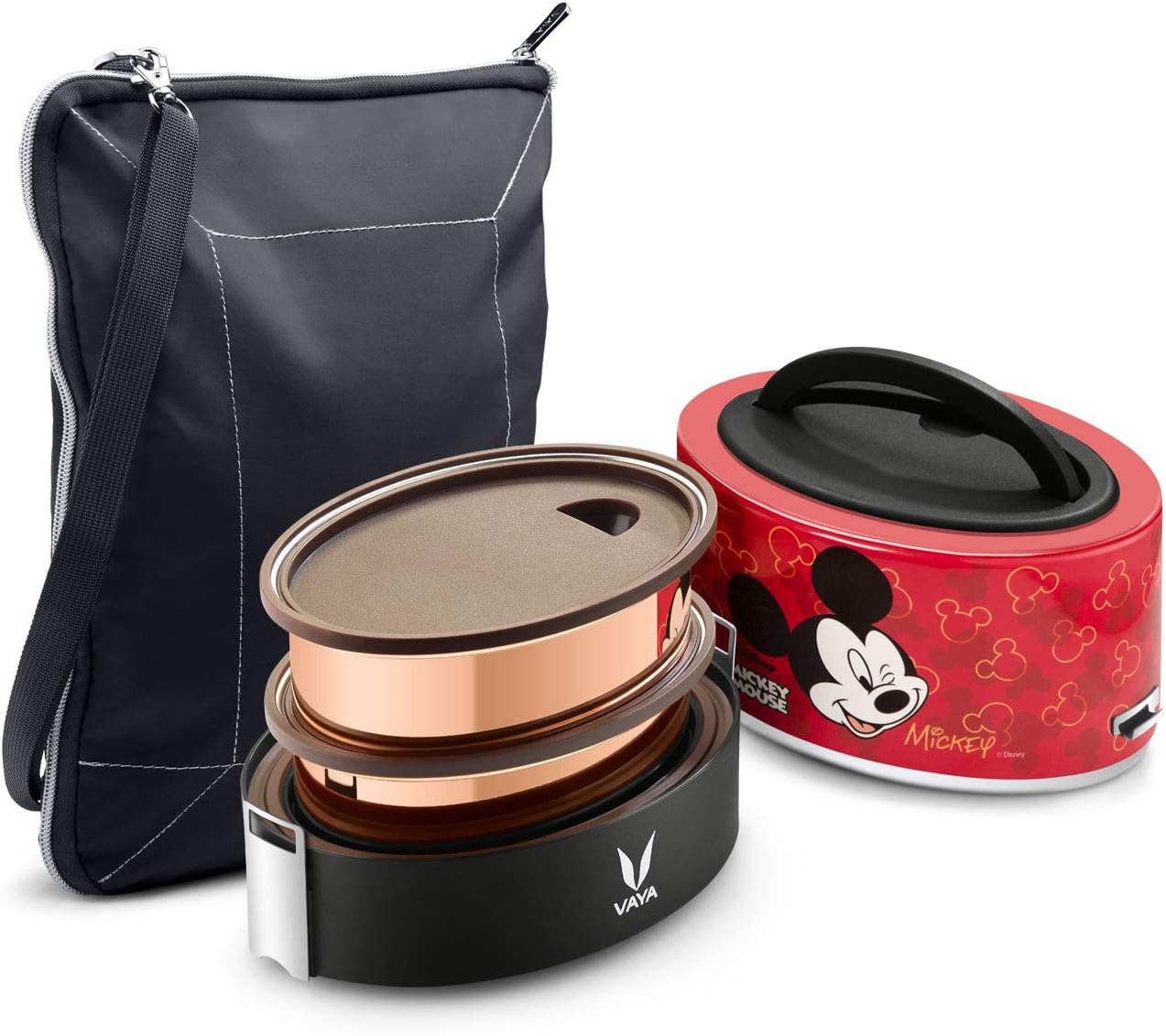 Vaya Tyffyn Mickey Copper-Finished Stainless Steel Lunch Box with Bagmat, 600 ml, 2 Containers, Red