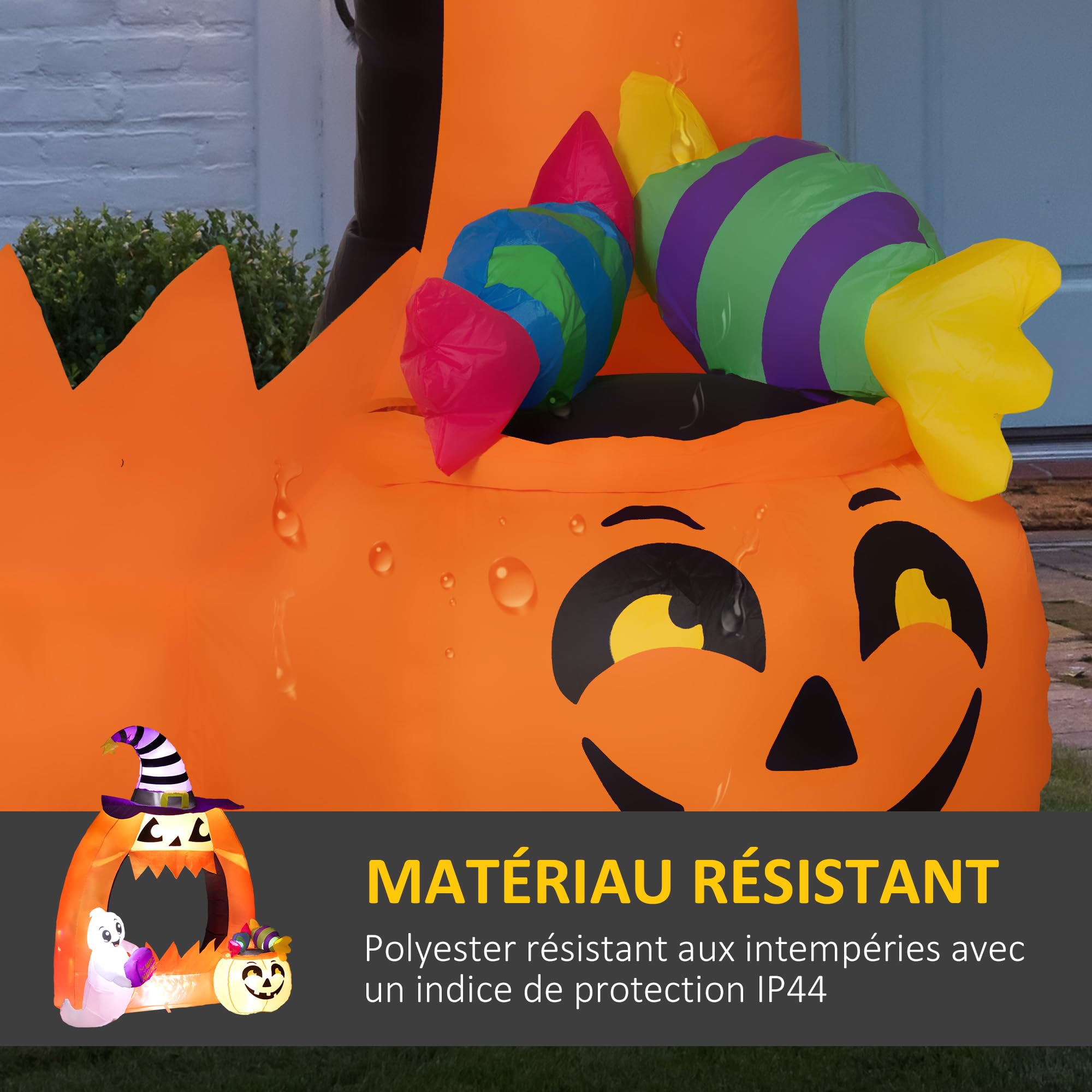 Outsunny Halloween nadmuchiwany łuk dyniowy 150H cm z uroczym duchem, nadmuchiwany łuk z lampkami LED na trawnik, ogród, podwórko