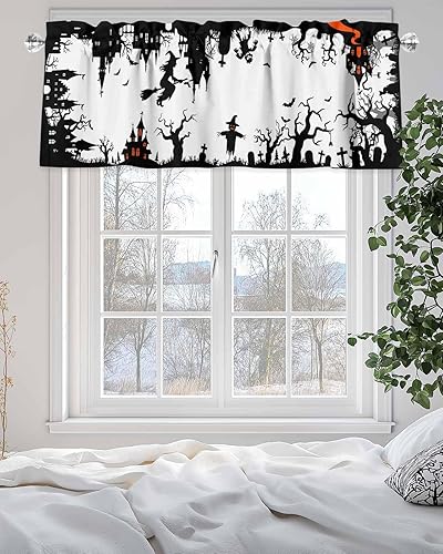 Miniatura 5 de Cortinas de cenefas para cocina, Halloween, bruja volando en una escoba y casa encantada, cenefa de cocina negra, cortinas cortas con bolsillo para