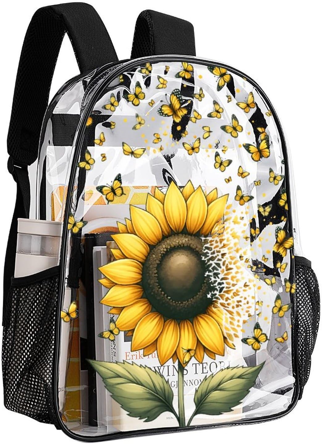 Sunflower Clear Backpack Heavy Duty for Girls Kids Boys Women Men - Large Cute PVC Sunflowers Theme Printing Transparent Backpacks for Schools Stadium Concerts Work - Clear/Black