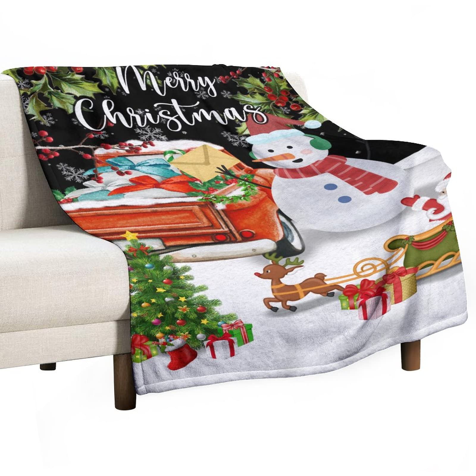 Couverture chaude et douce en peluche plaid de Noël noir motif camion de ferme