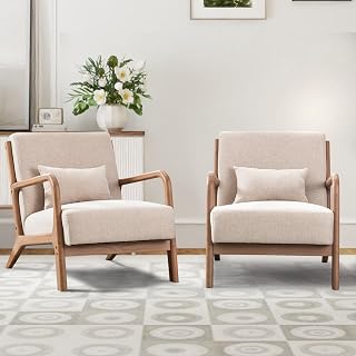 CANMOV Modern Accent Chair Set of 2 with Lumbar Pillow, Upholstered Mid-Century Accent Arm Chair with Thick Seat Cushion & Solid Wood Frame, Small Side Comfy Chair for Living Room, Balcony, Beige