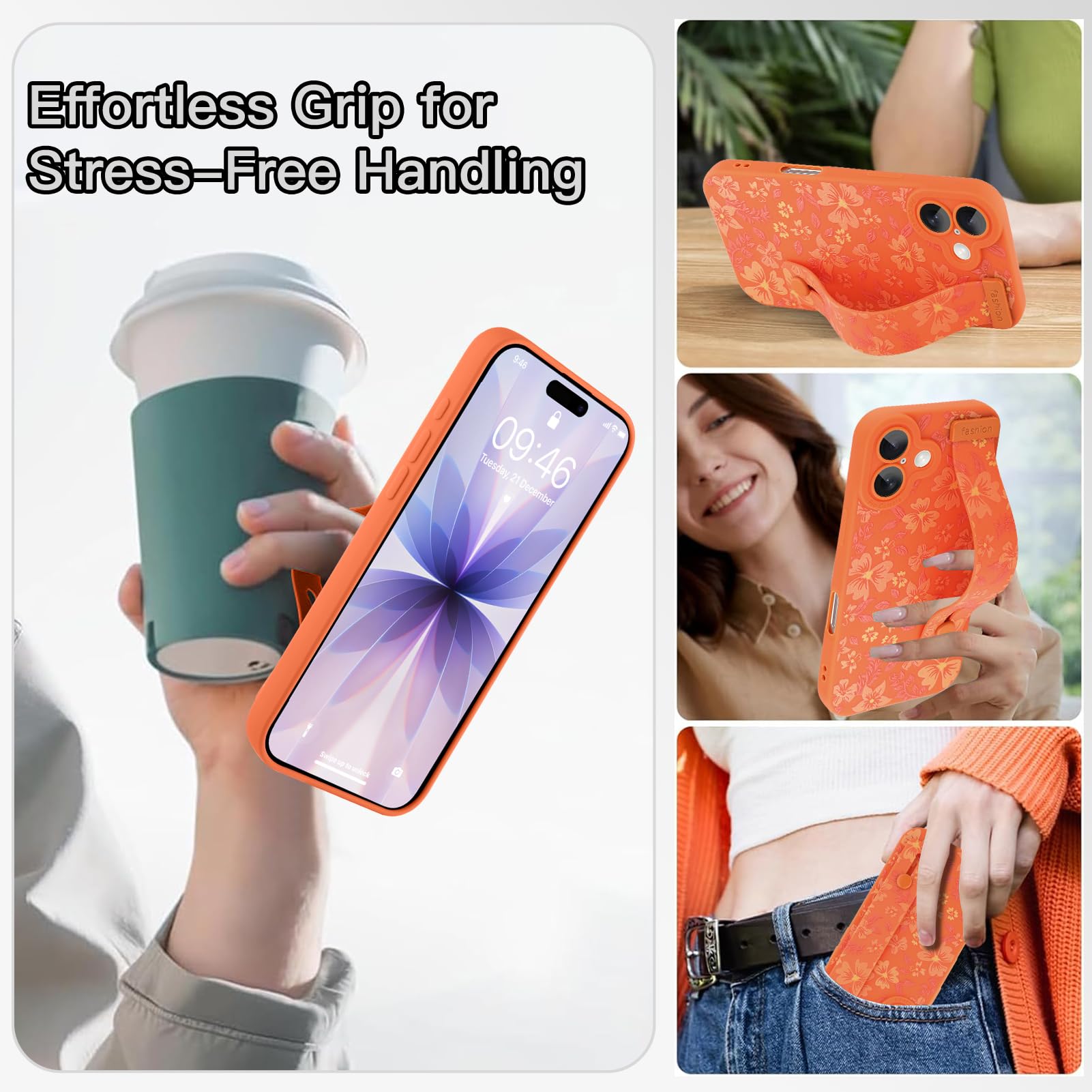 Custodia compatibile con iPhone 17 con cinturino da polso, motivo floreale carino per ragazze e donne, morbido TPU regolabile con cavalletto antiurto custodia protettiva arancione