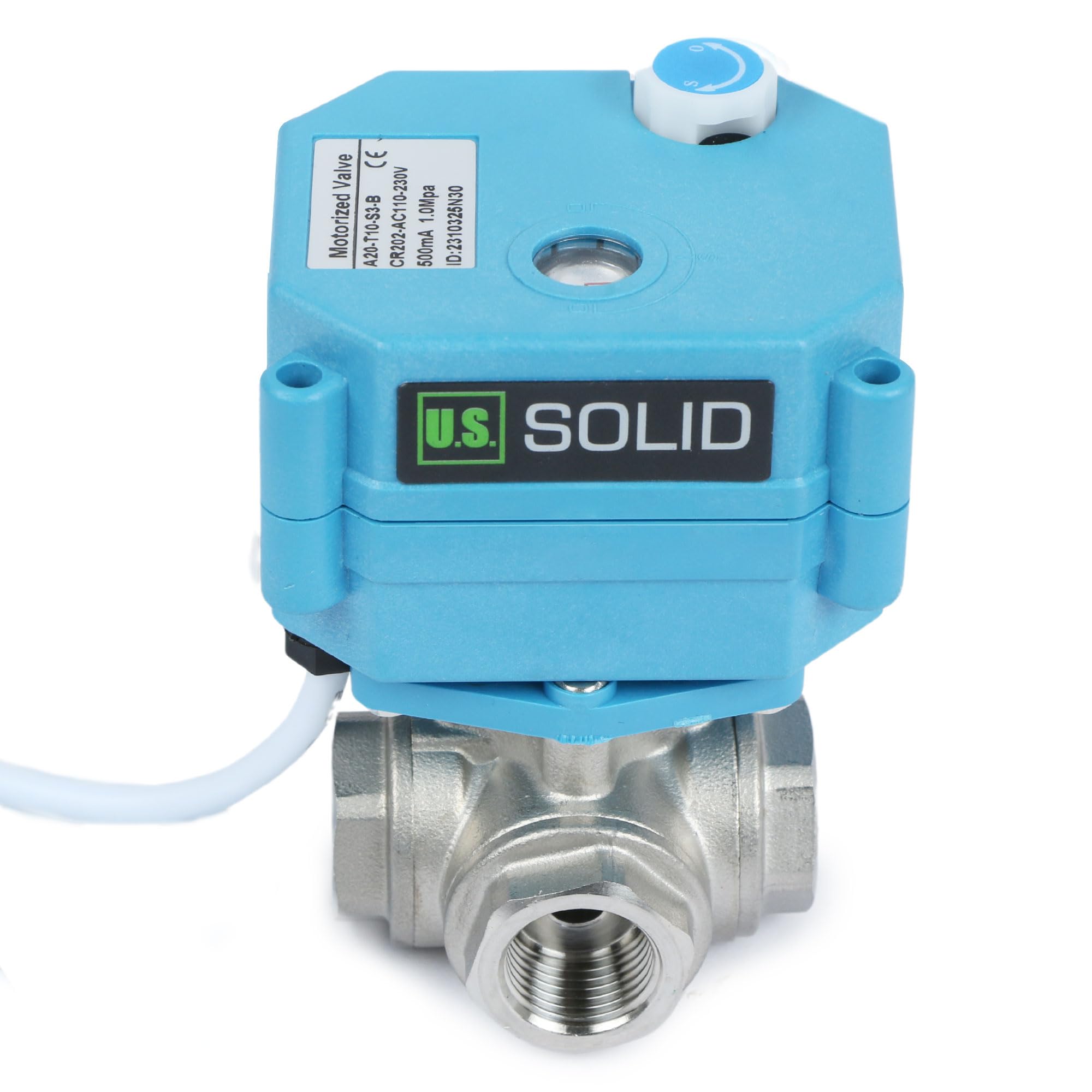 U.S. Solid Valvola 3 vie motorizzata 3/8" in acciaio inox – AC 110–230 V, Tipo L, funzione manuale, porto standard, per acqua