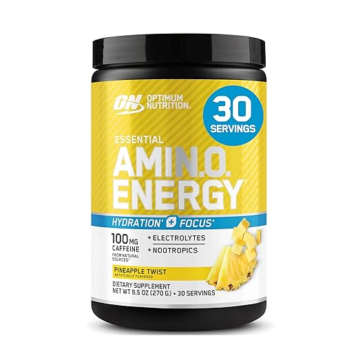 Optimum Nutrition Amino Energy Plus Electrolytes Energy Drink Powder, Caffeine for Pre-Workout Energy, Amino Acids/BCAAs for Post-Workout Recovery, Pineapple Twist, 30 Servings- Packaging May Vary