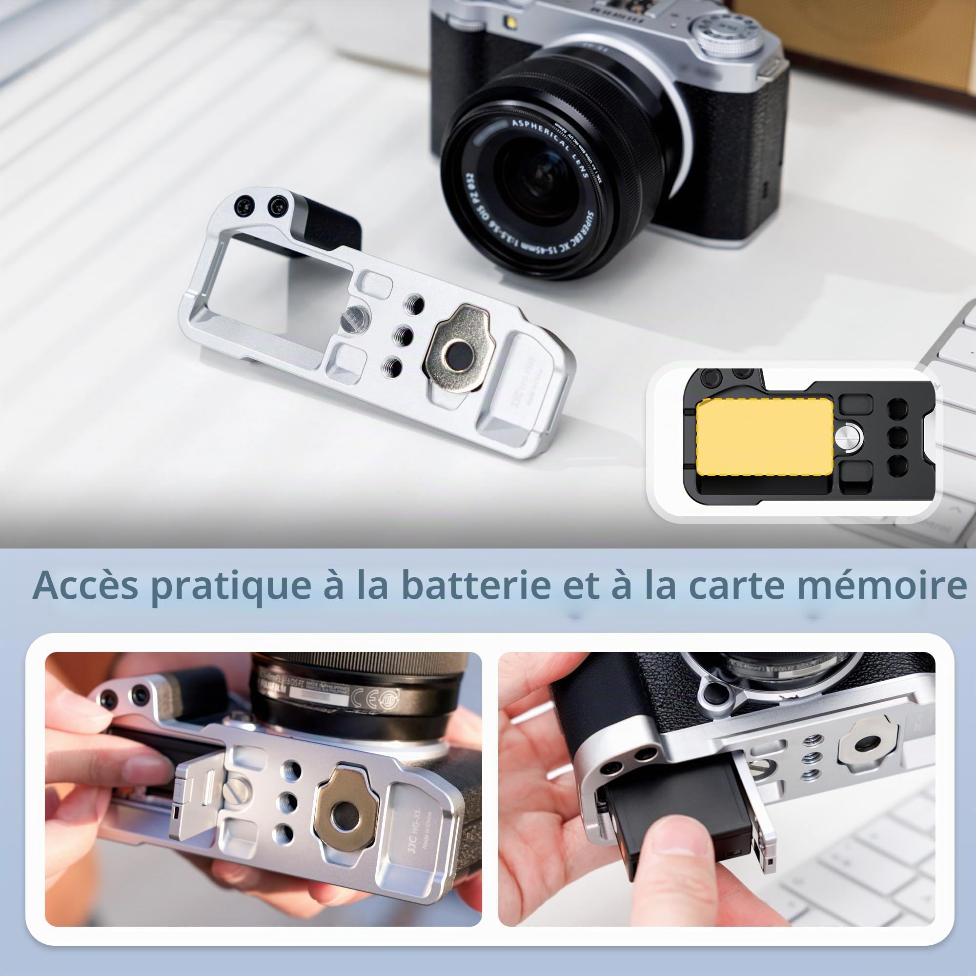 JJC XM5 Poignée en Métal pour Appareil Photo Fujifilm Fuji X-M5, Type Arca Swiss Support de Plaque à Dégagement Rapide avec Support en L en Silicone Antidérapant pour une Meilleure Prise en Main, Noir