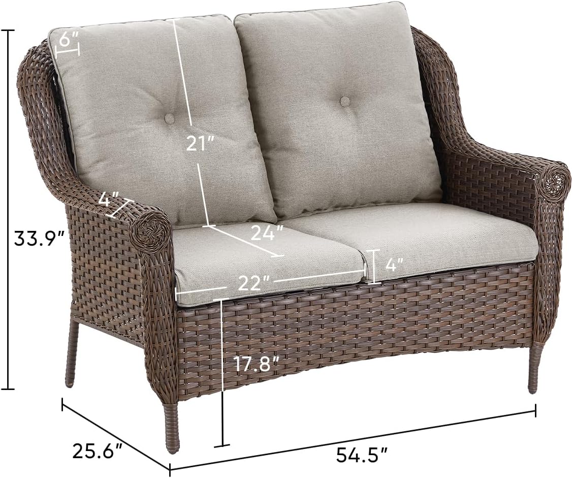 Patio Loveseat Outdoor Wicker Sofa - Heavy Duty All-Weather Brown Rattan 2-Person Sofas with High Back and Comfortable Thick Cushions for Garden Back Porch Poolside Apartment - Beige