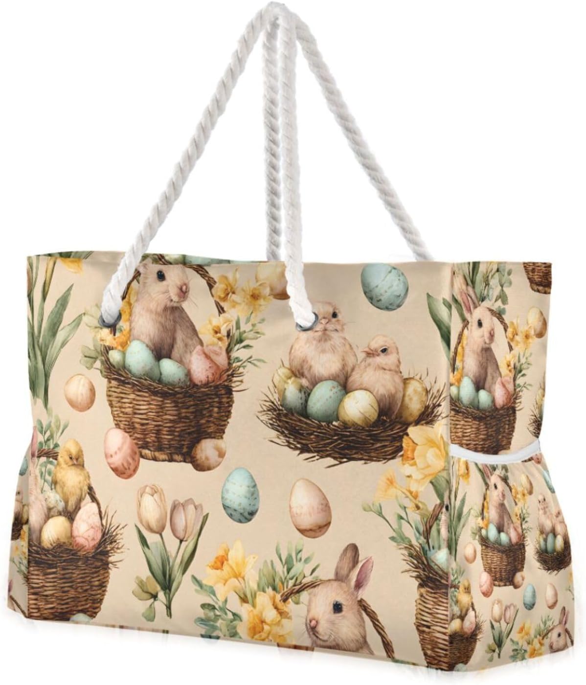 OTVEE Bunny and Chick with Egg Basket Beach Bags for Women Ladies Large Canvas Tote Shoulder Bag Waterproof Travel Bags for Gym Swim Pool Camping