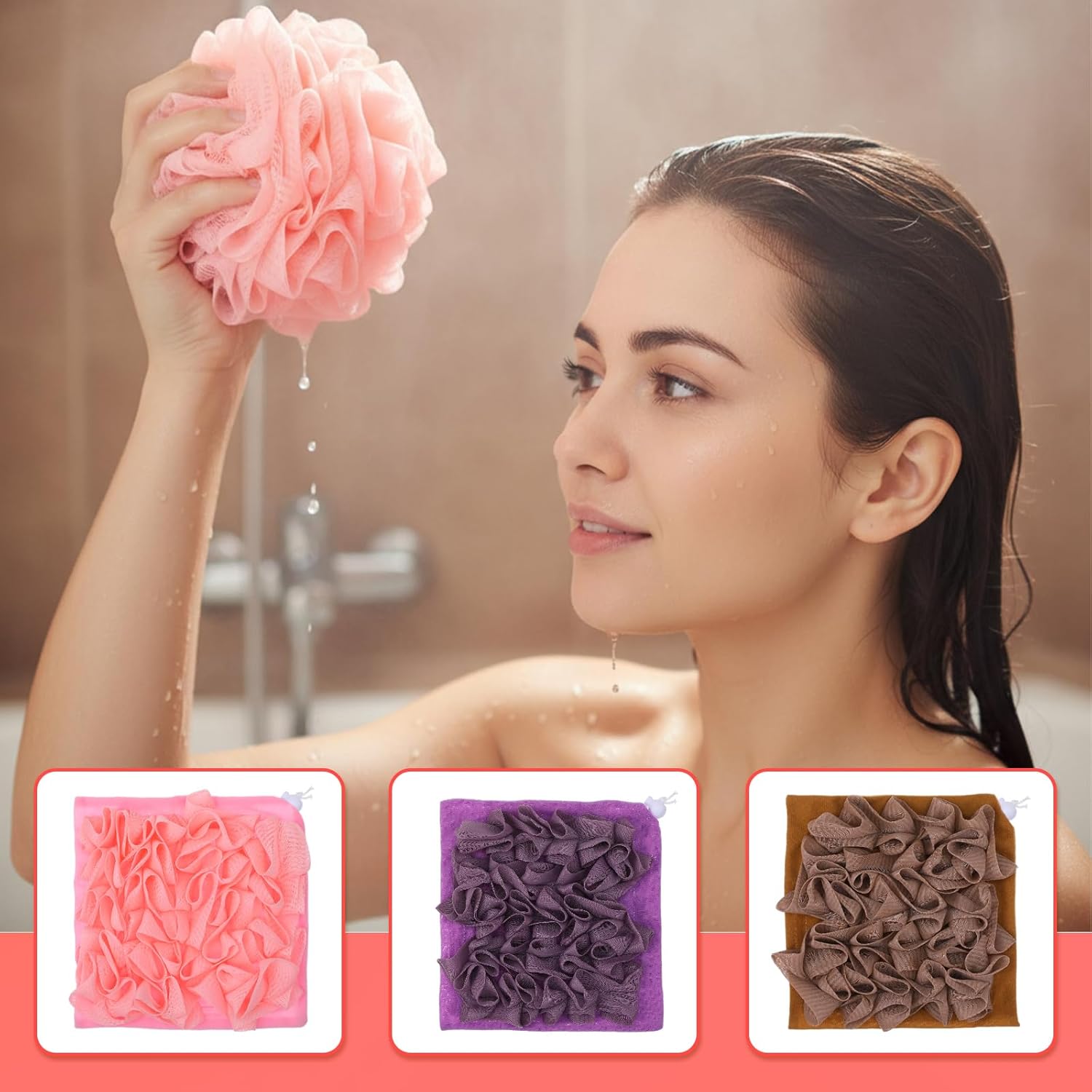 3Pcs Soap Loofah Pouch, 2 in 1 Washcloth Loofah Combo with Retractable Cord That Holds Bar Soap Exfoliation Mesh Shower Ball for Body Wash Bathing Smooth Skin (Khaki + Coffee + Pink) - Image 7