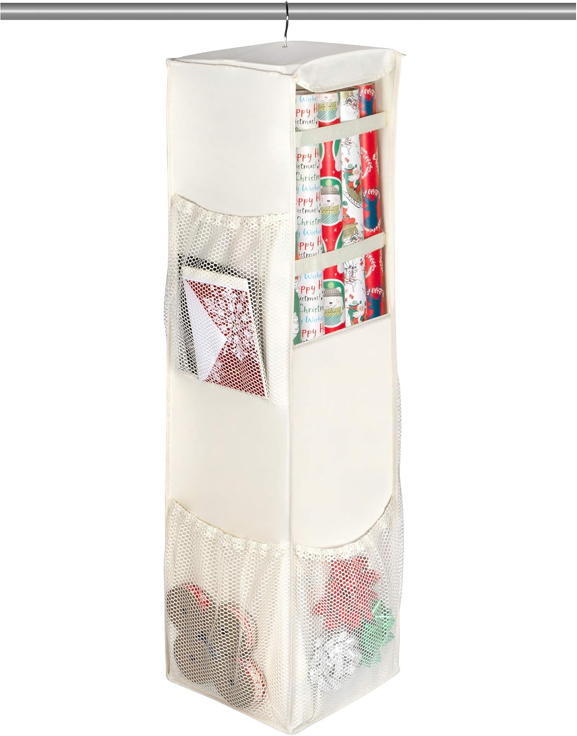 Christmas Hanging Gift Wrap Storage Organizer - Durable Wrapping Paper Organizer Bag Holds up to 20 Rolls of 40" Wrapping Paper with Mesh Pockets for Accessories Gift Bags Ribbons and More