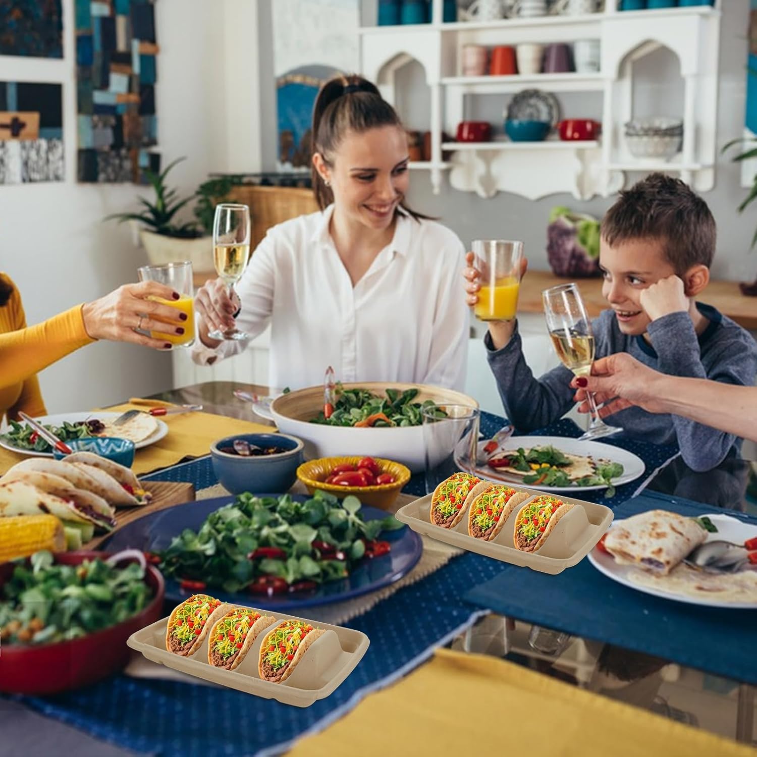 50PCS Disposable Taco Holders with Lid, Paper Taco Plates with Dividers, Paper Tray for Lazy Susan, Taco Stands for 3 Tacos Fiesta Taco Trays Disposable for Party